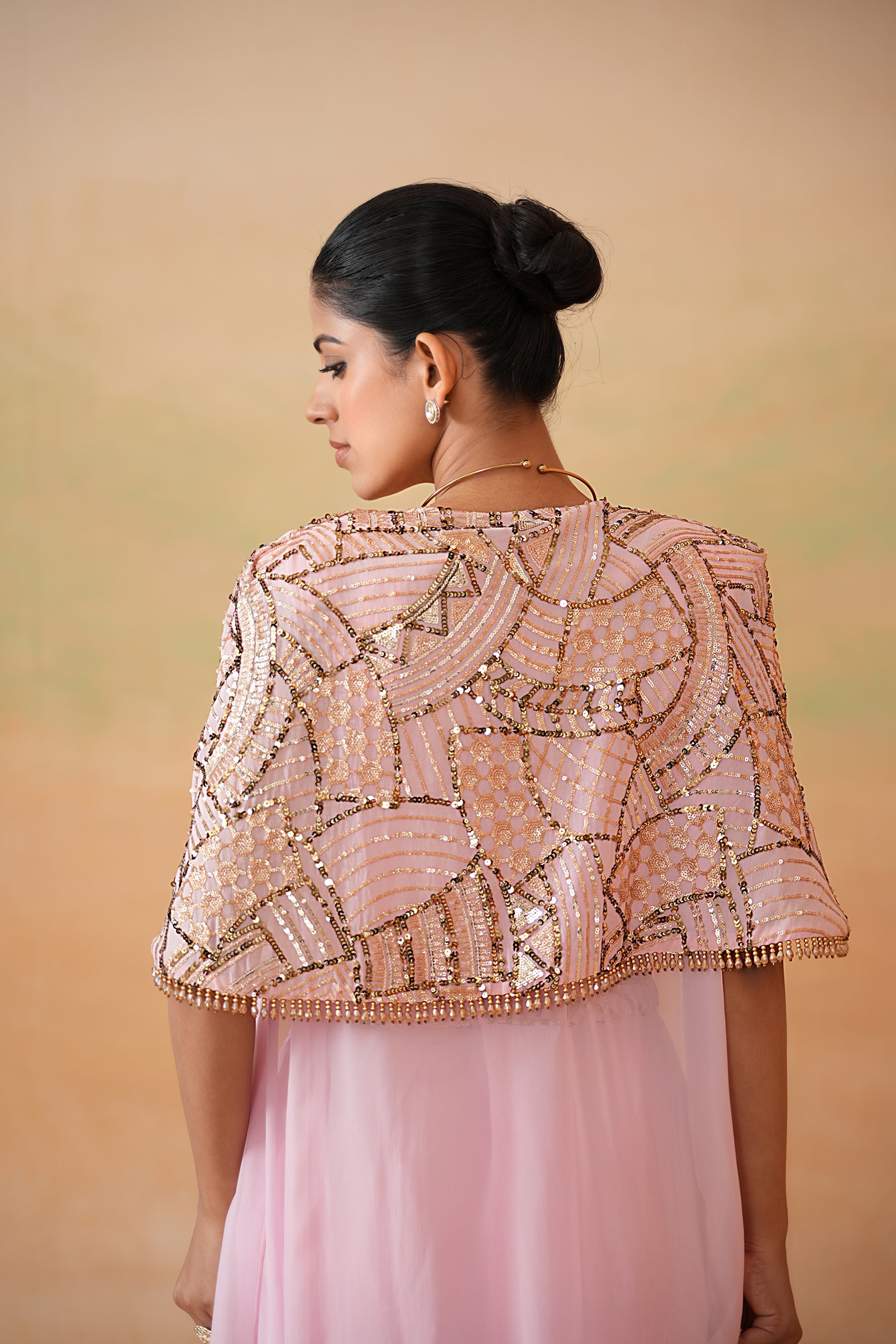 LIGHT PINK EMBROIDERY BLOUSE, DRAPE SKIRT AND CAPE