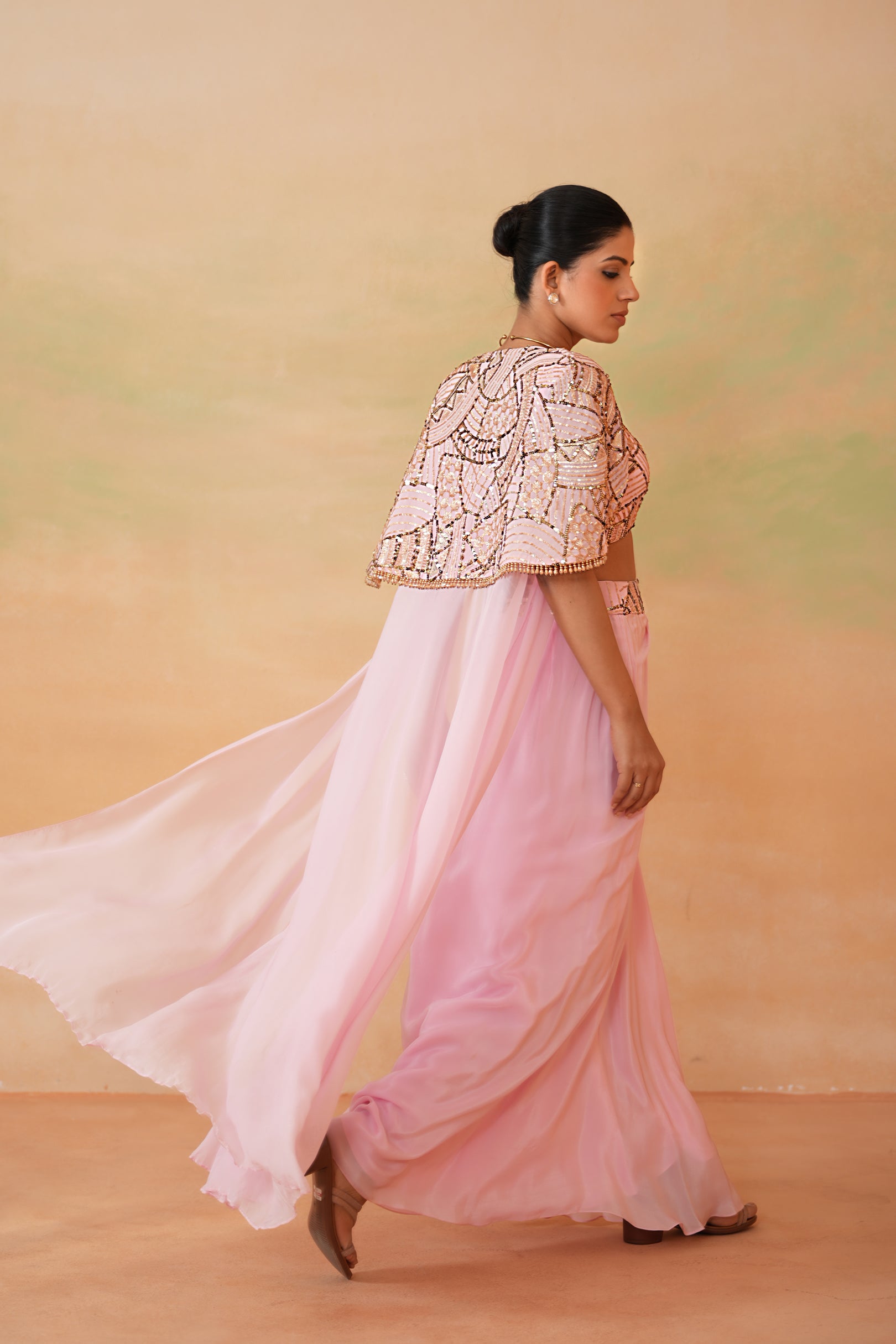 LIGHT PINK EMBROIDERY BLOUSE, DRAPE SKIRT AND CAPE