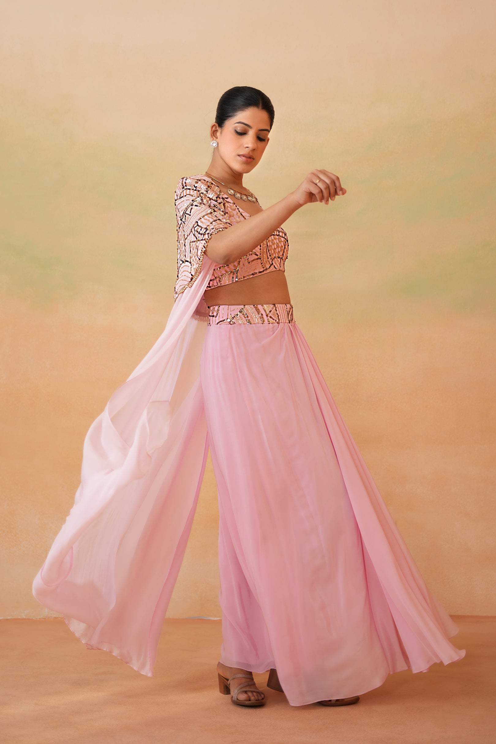 LIGHT PINK EMBROIDERY BLOUSE, DRAPE SKIRT AND CAPE