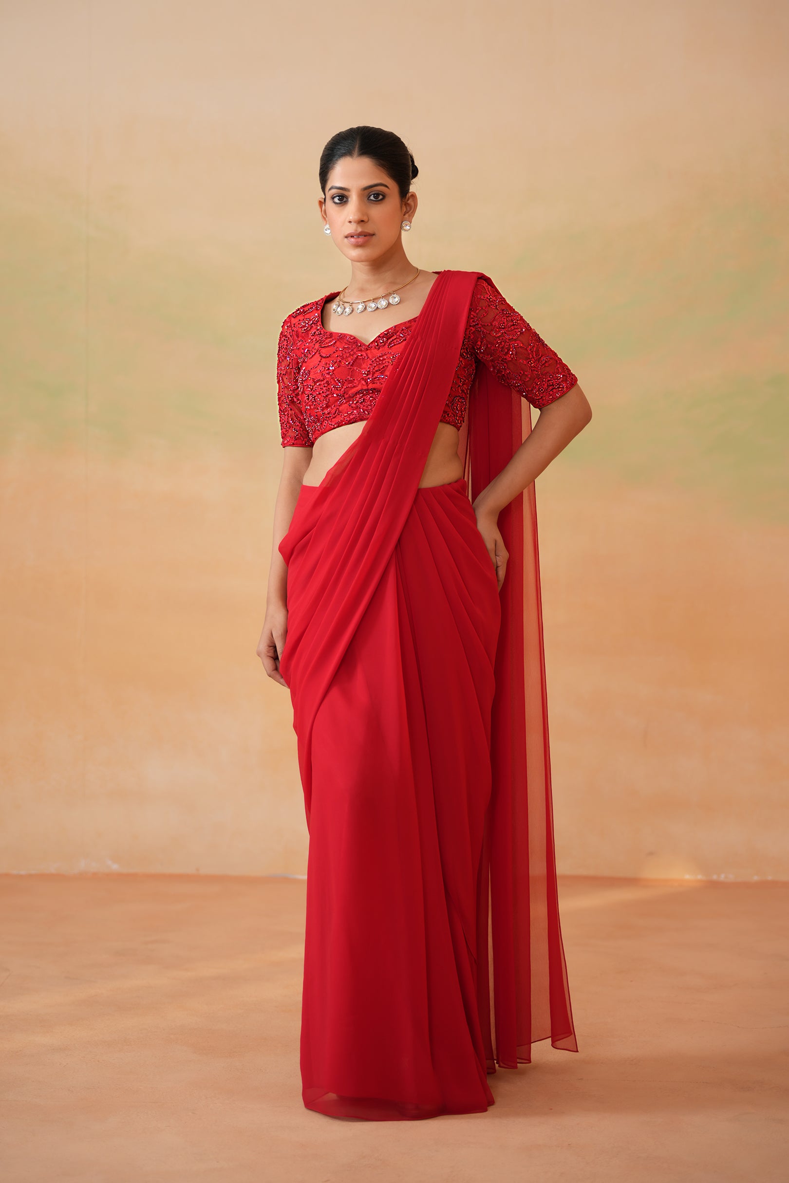RED EMBROIDERED BLOUSE AND STITCHED SAREE SET