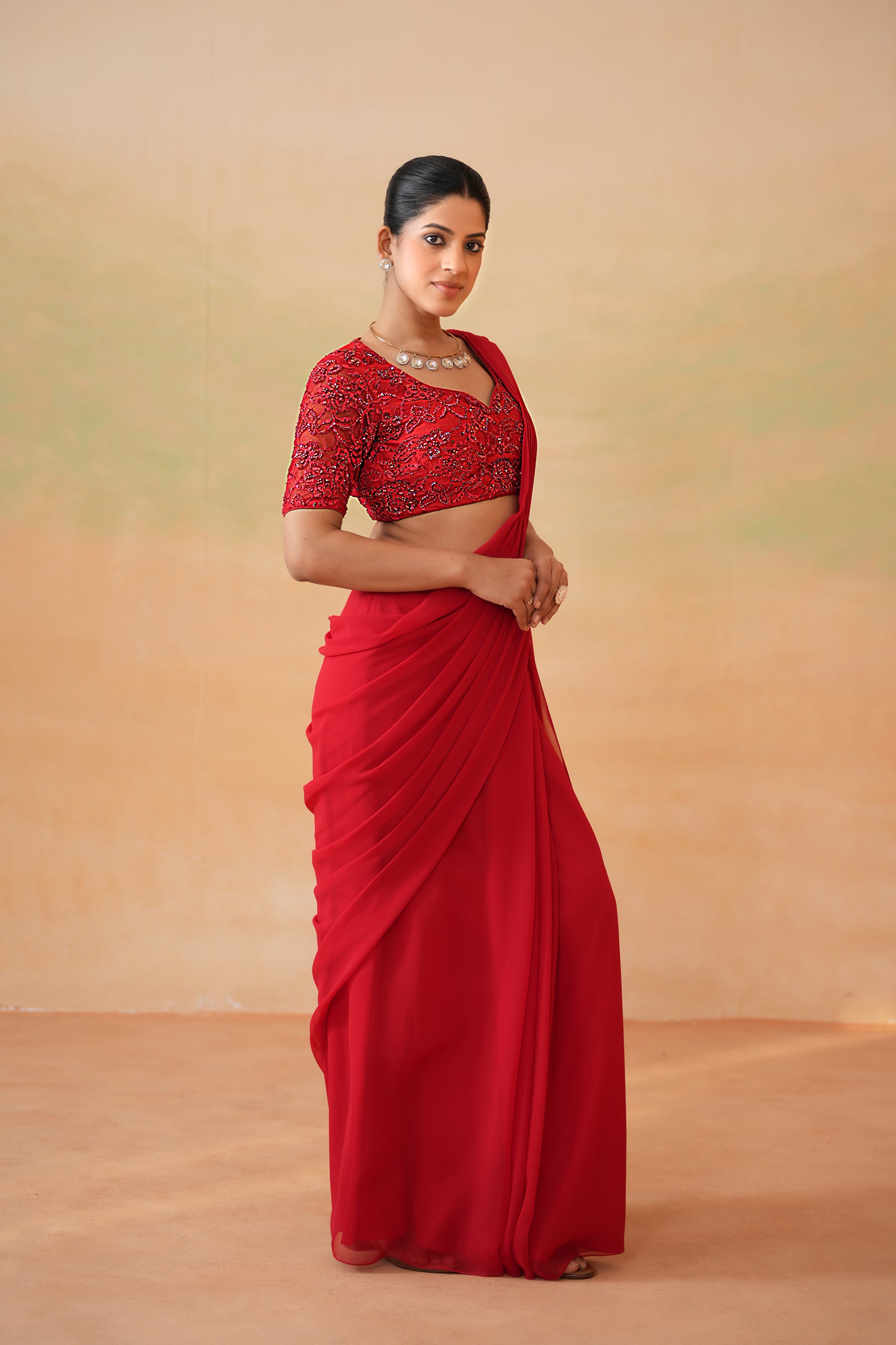 RED EMBROIDERED BLOUSE AND STITCHED SAREE SET