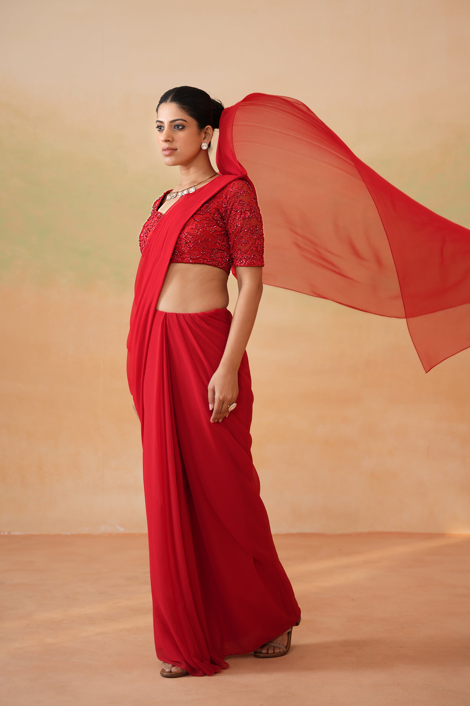 RED EMBROIDERED BLOUSE AND STITCHED SAREE SET