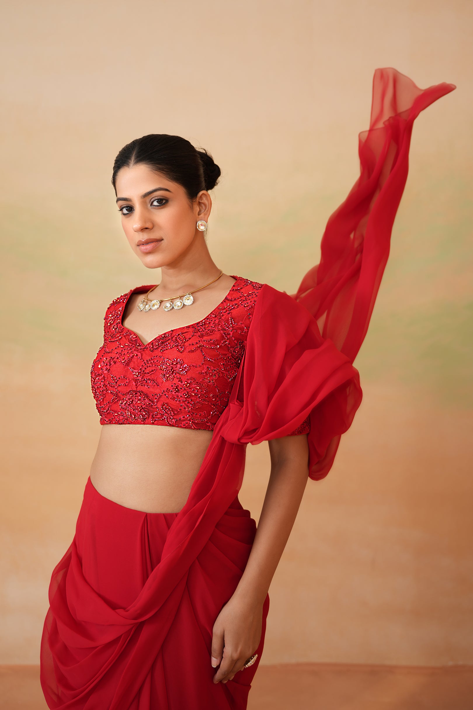 RED EMBROIDERED BLOUSE AND STITCHED SAREE SET