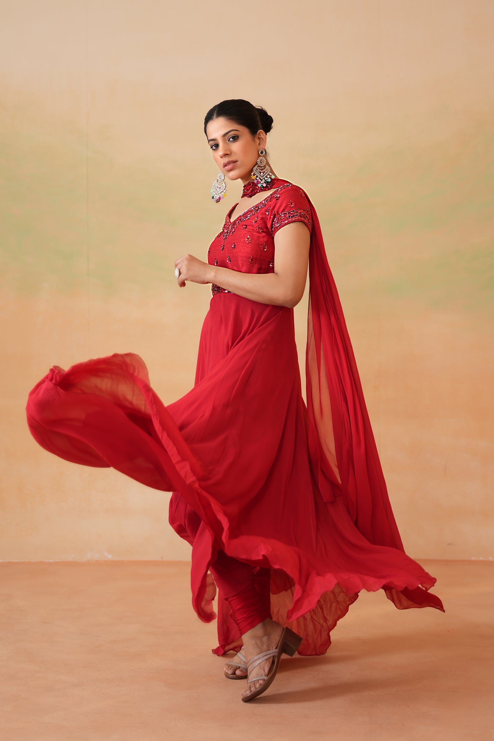 RED EMBROIDERED HANDKERCHIEF ANARKALI, CHURIDAR AND CHOKER DUPATTA