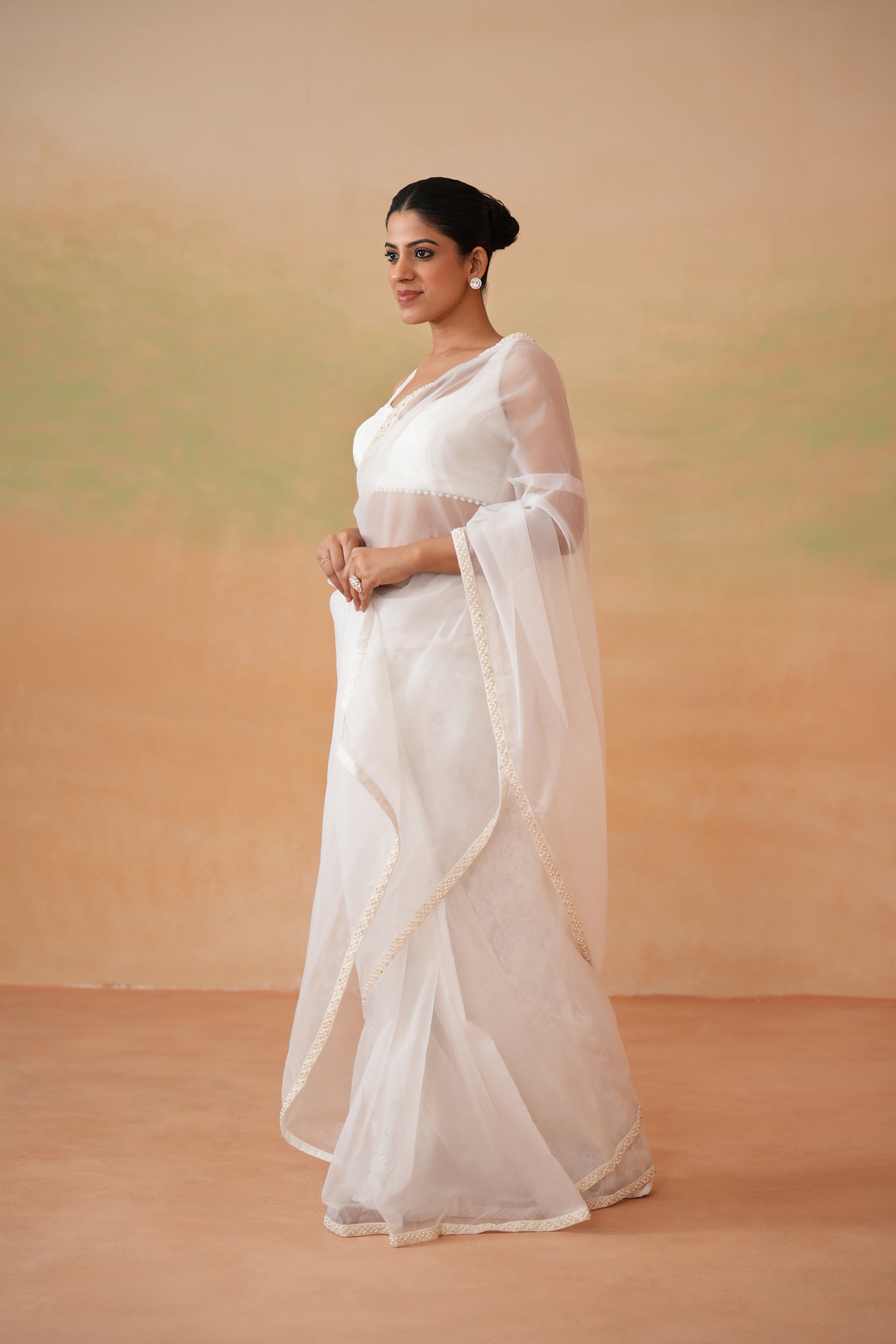 IVORY BLOUSE, STITCHED SAREE