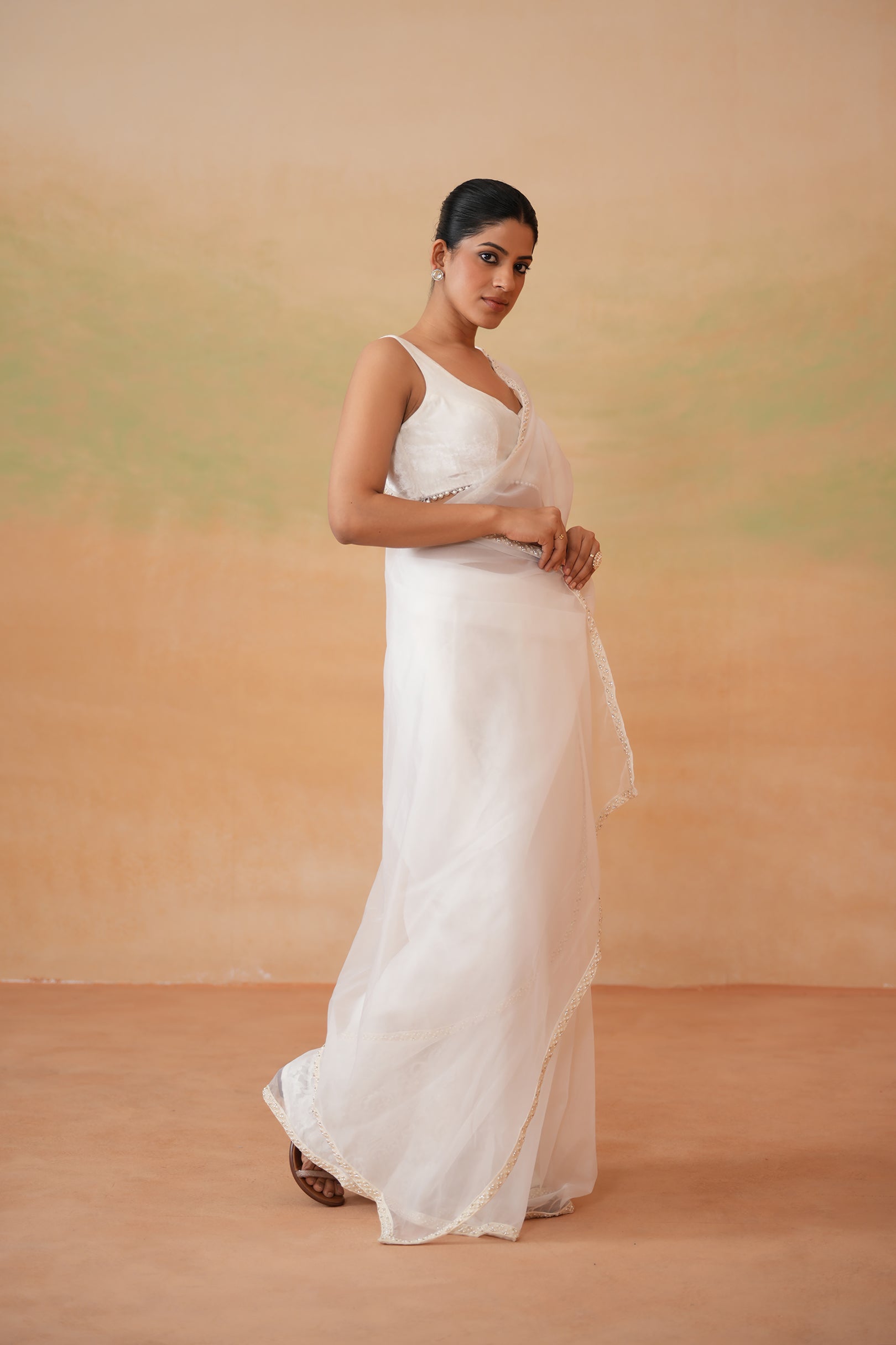 IVORY BLOUSE, STITCHED SAREE
