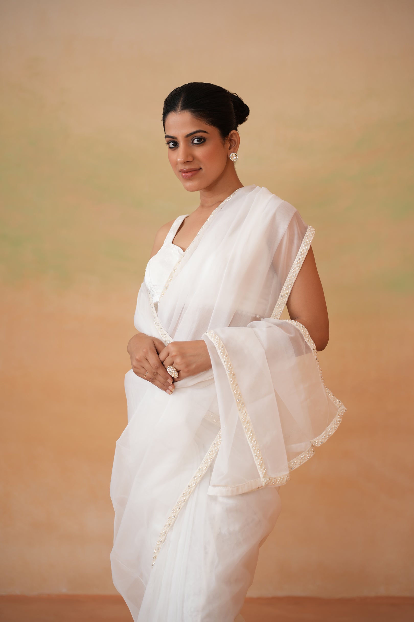 IVORY BLOUSE, STITCHED SAREE