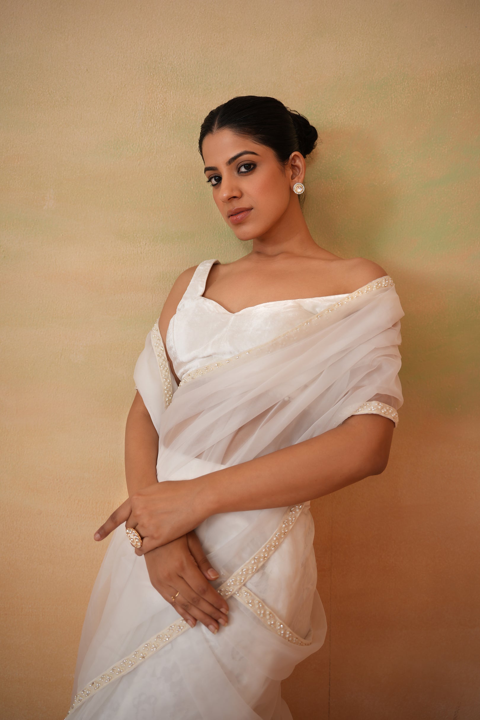 IVORY BLOUSE, STITCHED SAREE