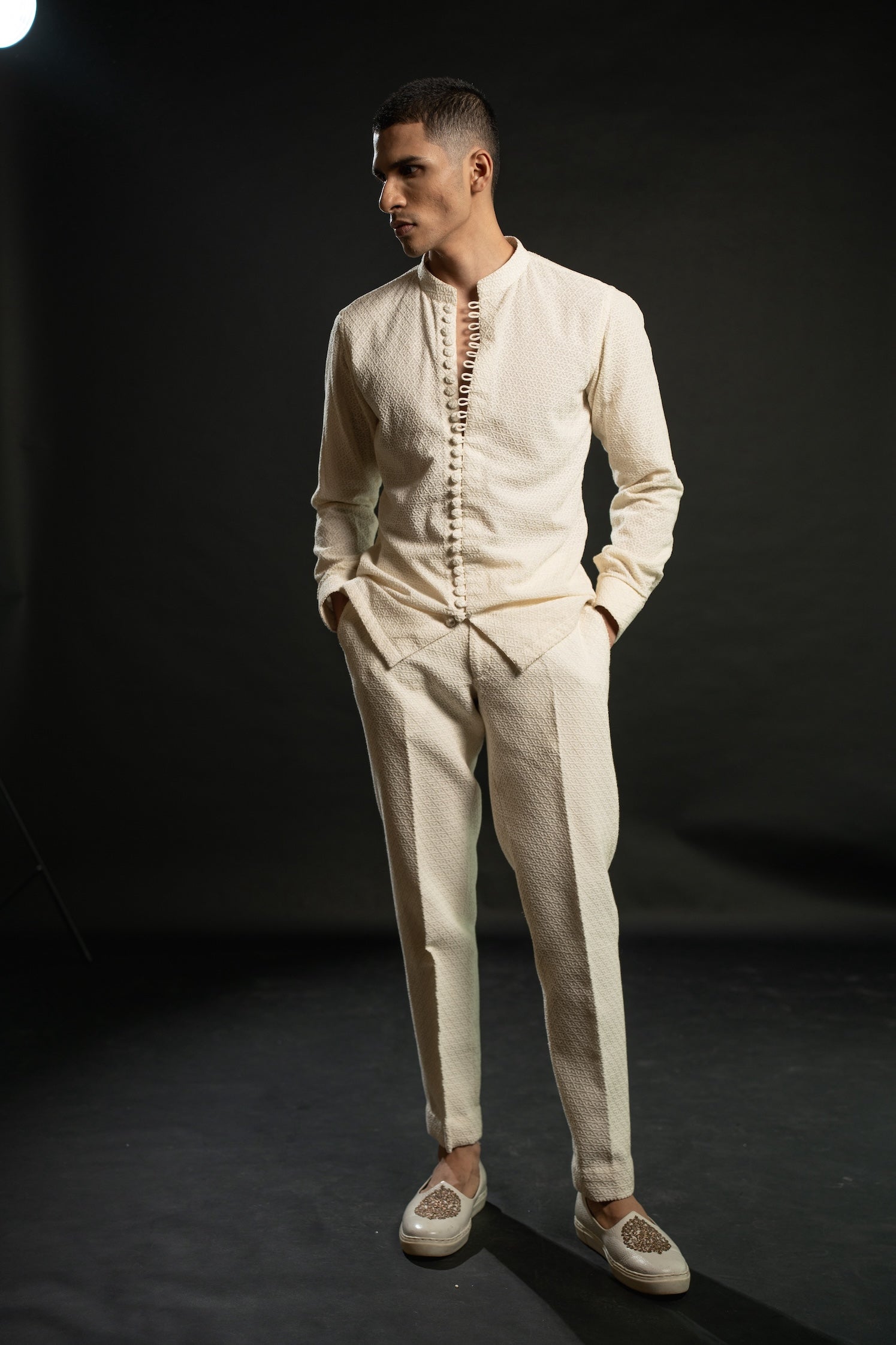 IVORY GEOMETRIC EMBROIDERED SHIRT PANT SET