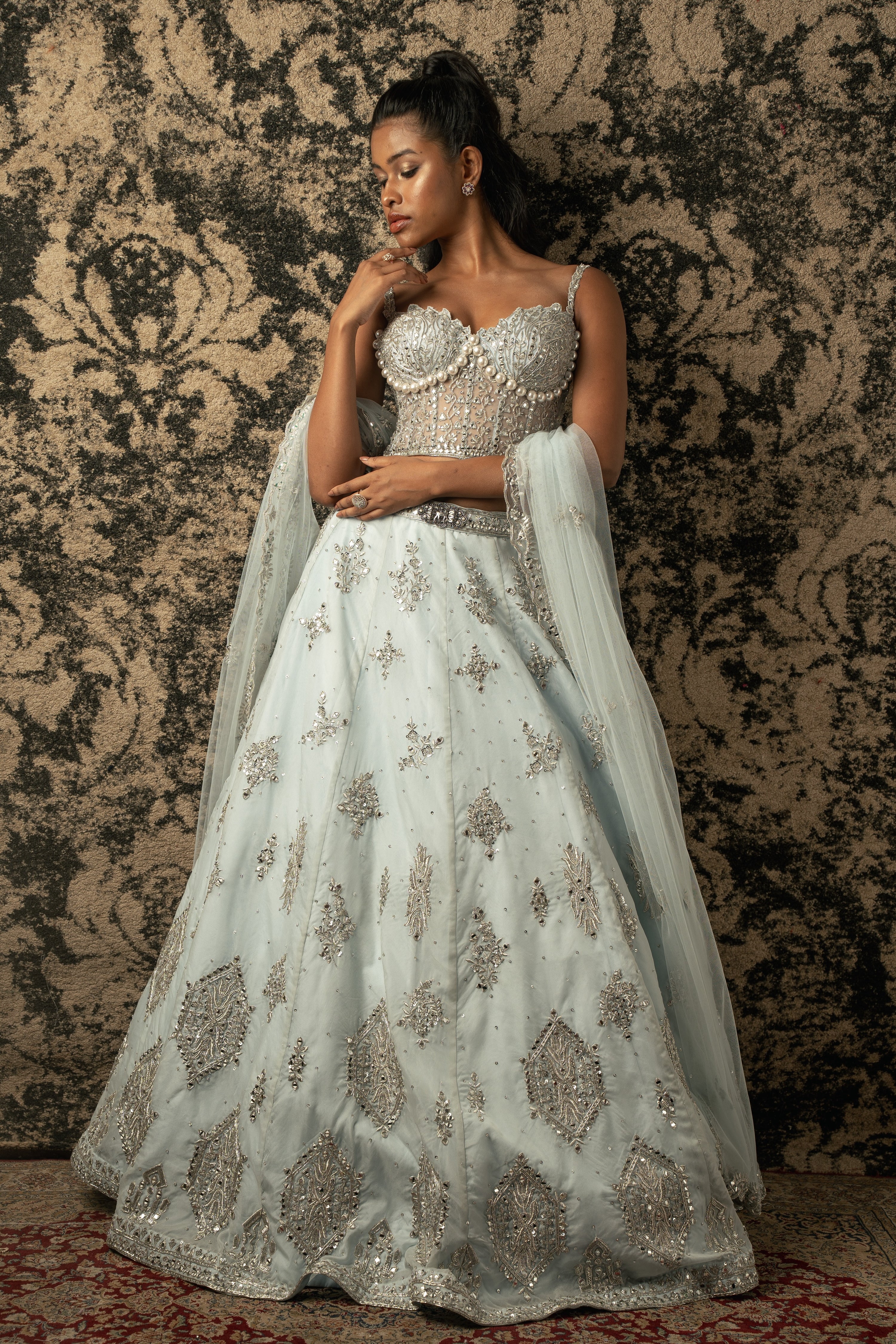 SCATTERED SEQUIN EMBROIDERED BRIDAL LEHENGA SET