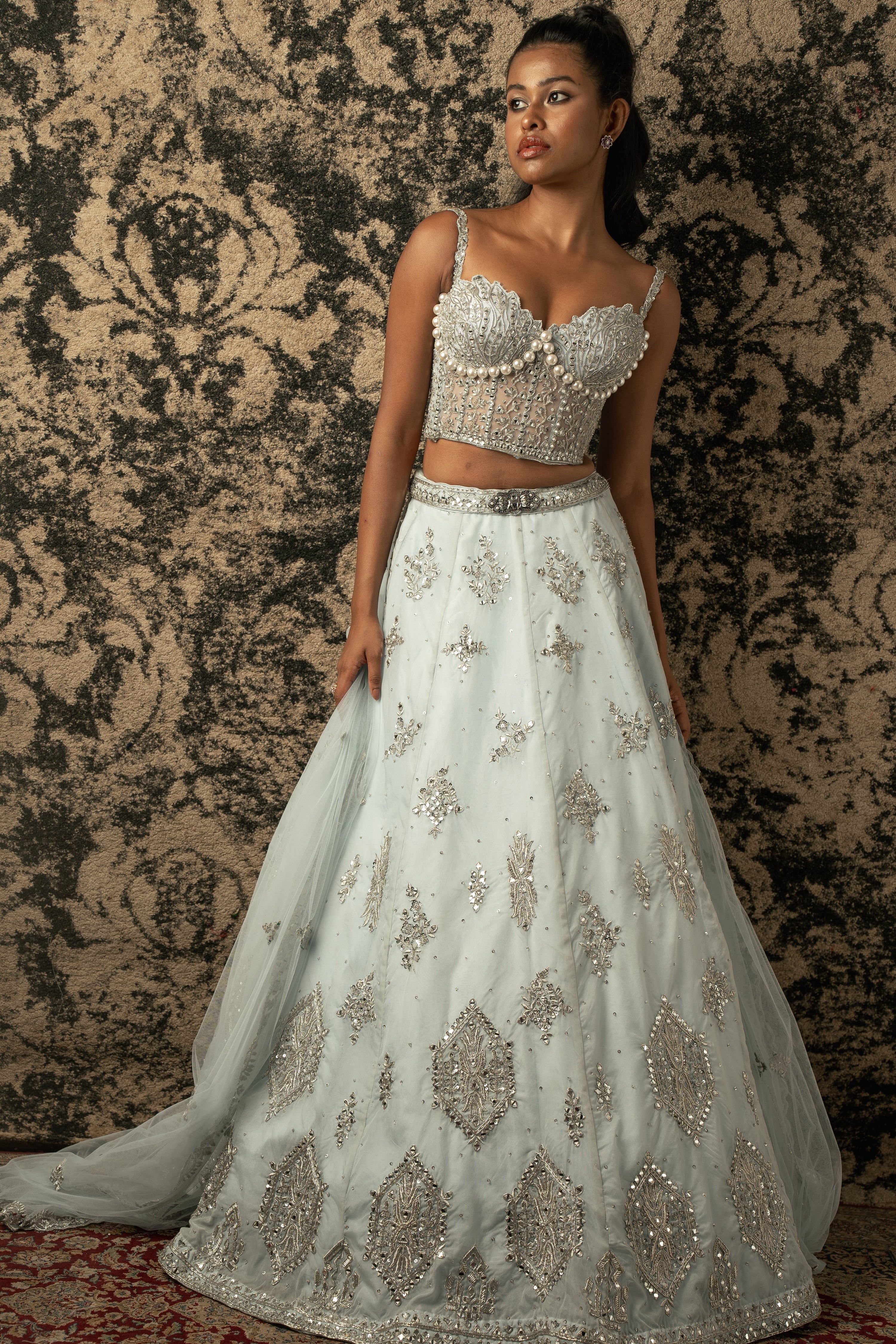 SCATTERED SEQUIN EMBROIDERED BRIDAL LEHENGA SET