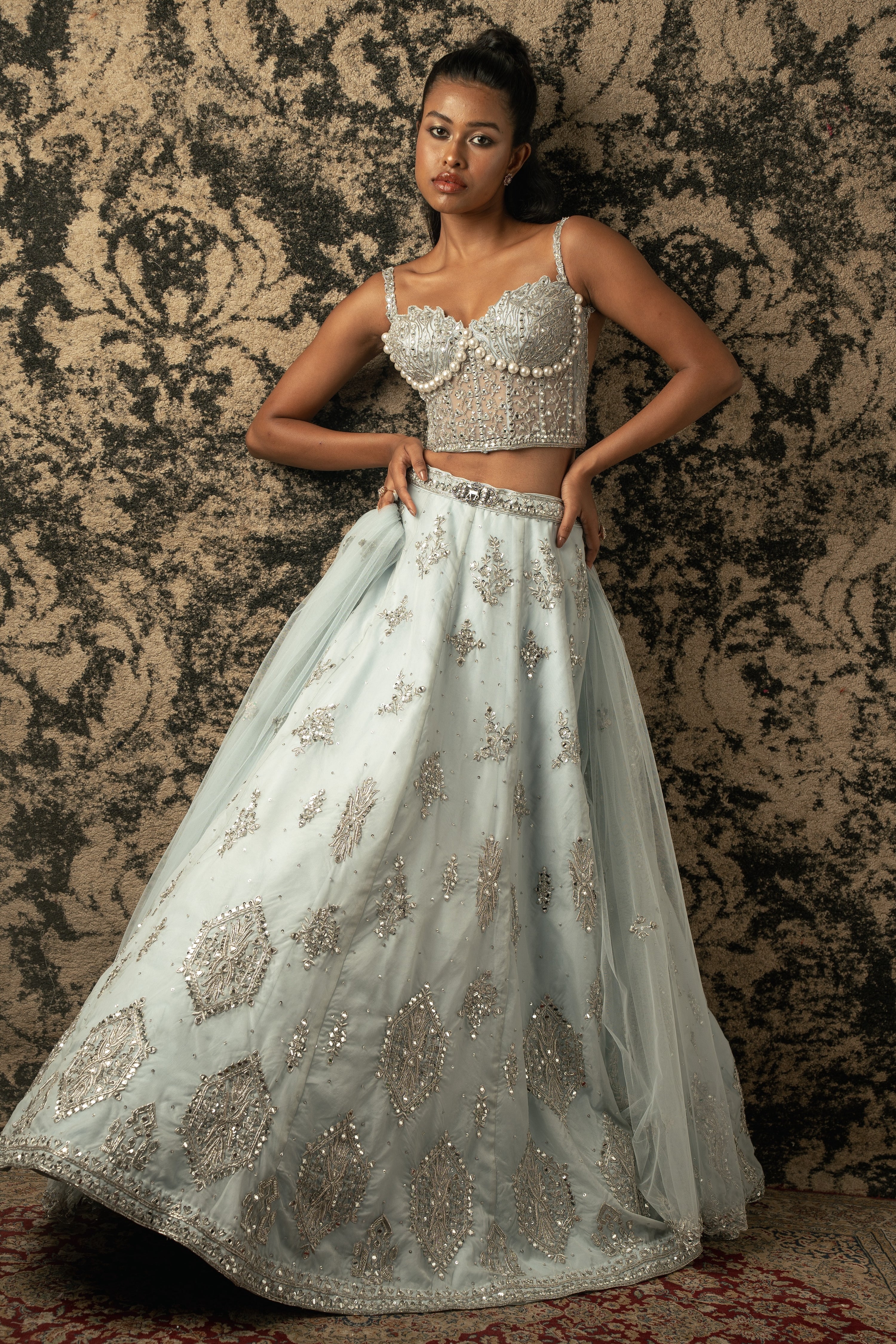 SCATTERED SEQUIN EMBROIDERED BRIDAL LEHENGA SET