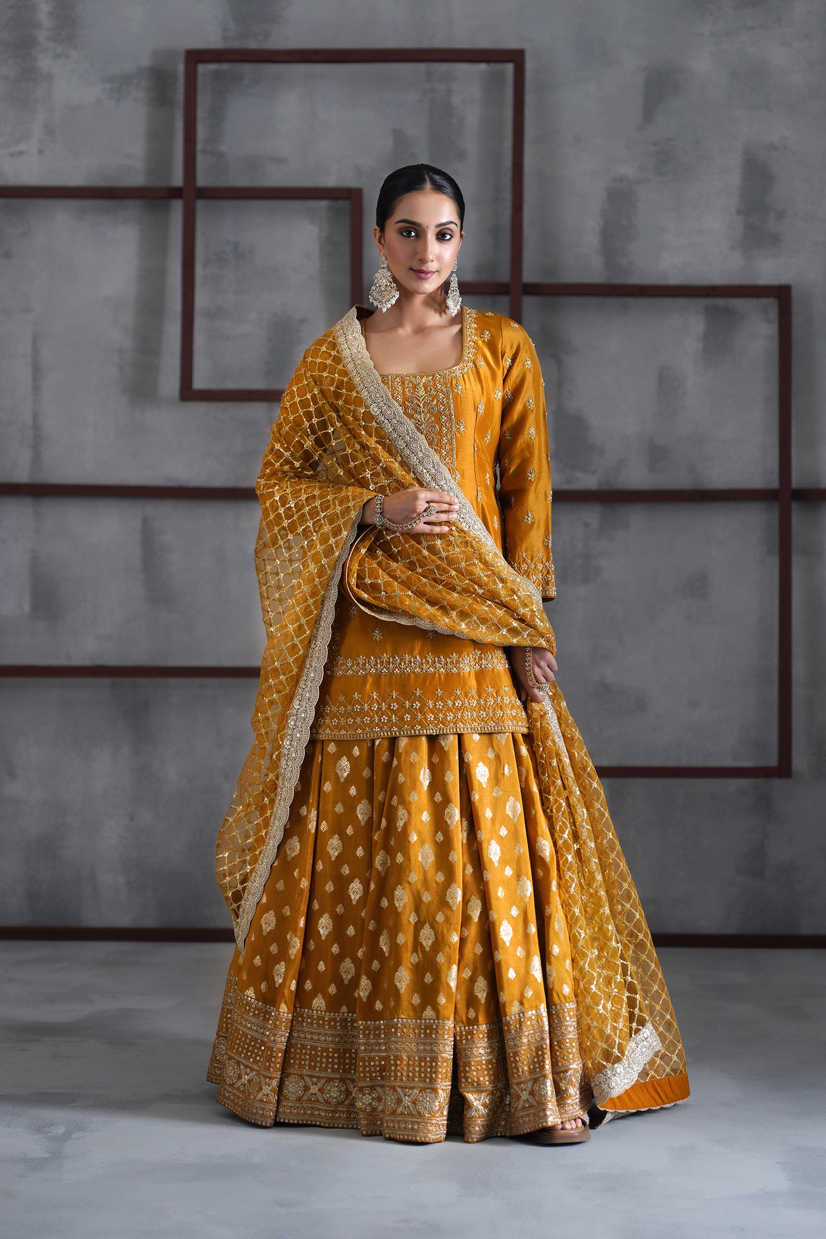 MUSTARD EMBROIDERED KURTI, BROCADE LEHENGA AND DUPATTA