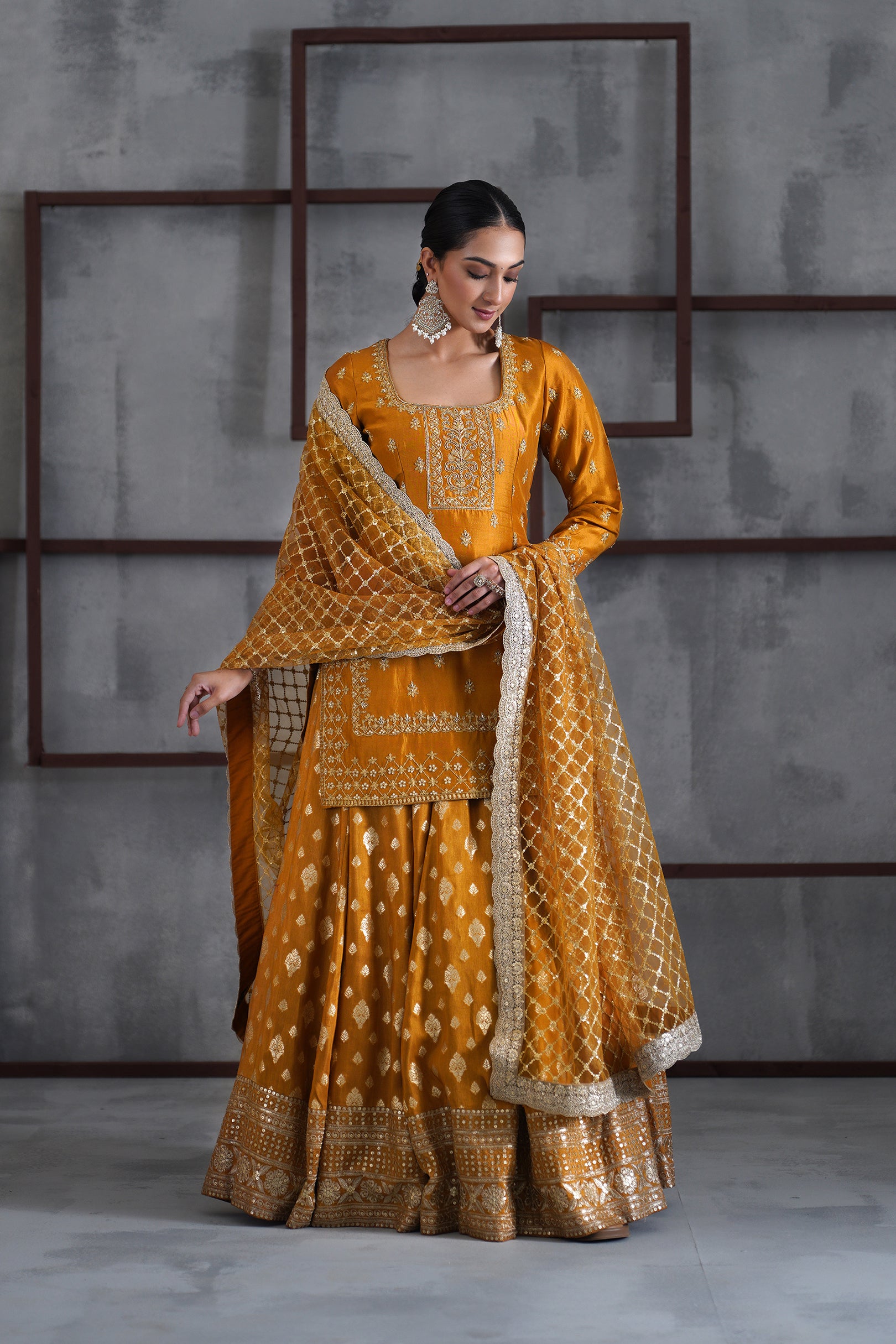 MUSTARD EMBROIDERED KURTI, BROCADE LEHENGA AND DUPATTA