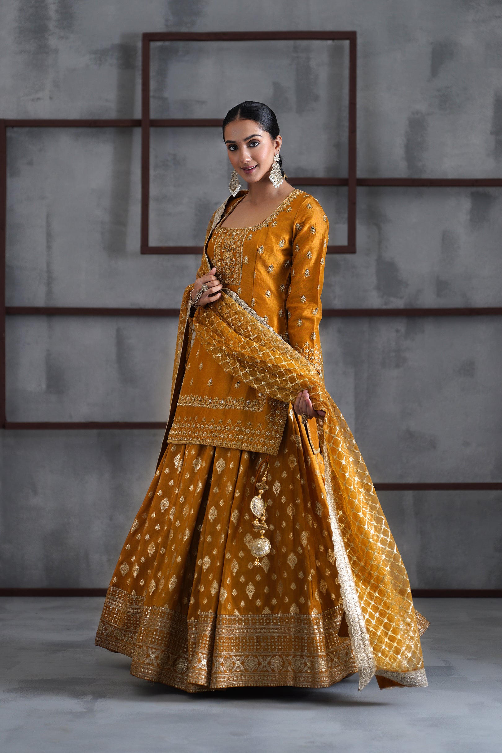 MUSTARD EMBROIDERED KURTI, BROCADE LEHENGA AND DUPATTA