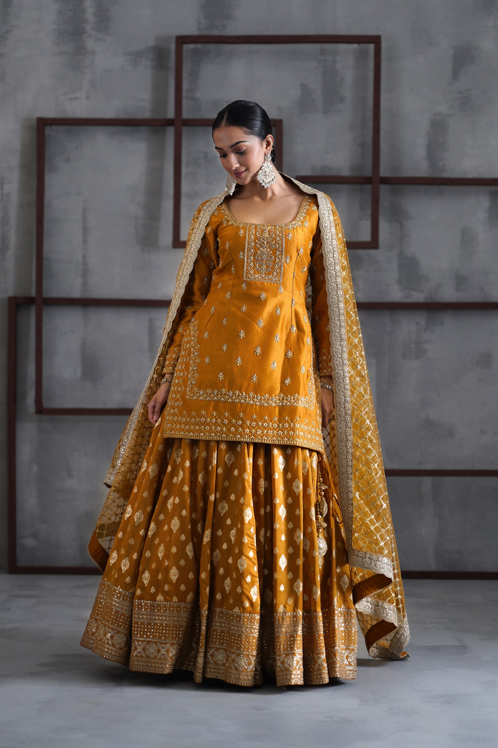 MUSTARD EMBROIDERED KURTI, BROCADE LEHENGA AND DUPATTA