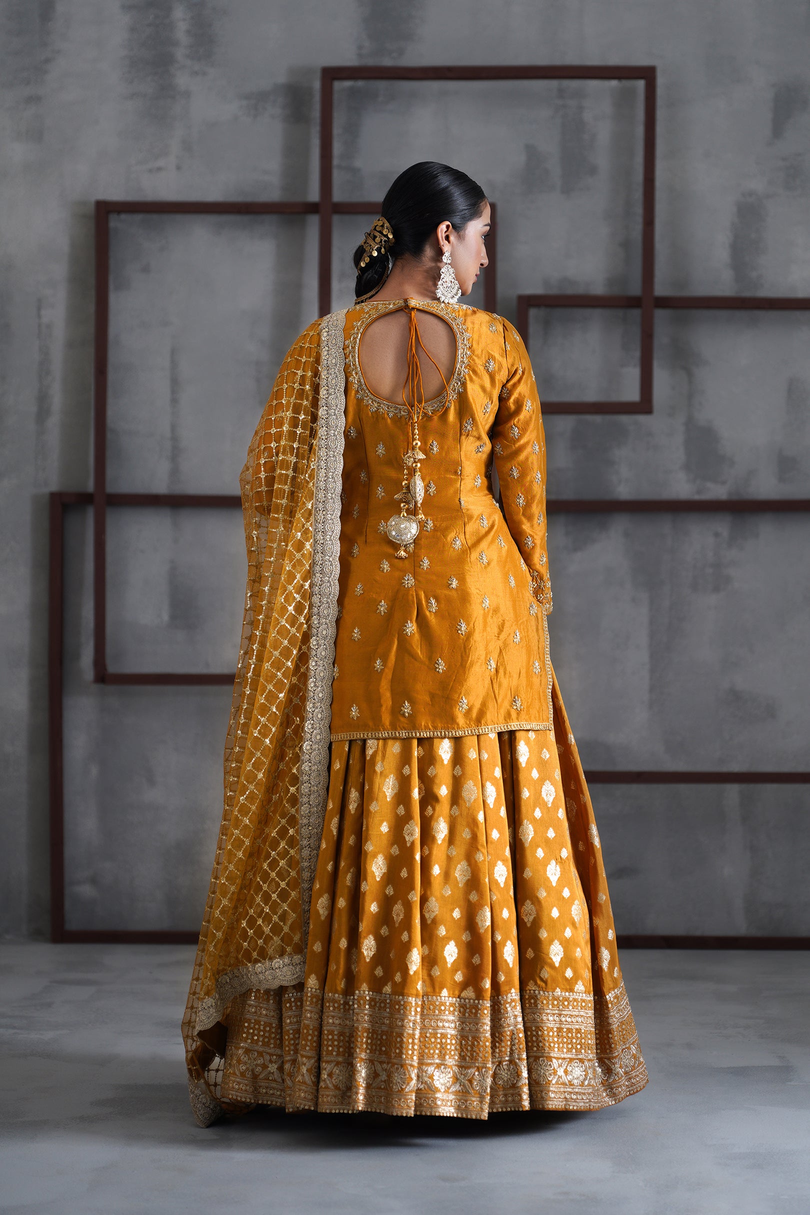 MUSTARD EMBROIDERED KURTI, BROCADE LEHENGA AND DUPATTA