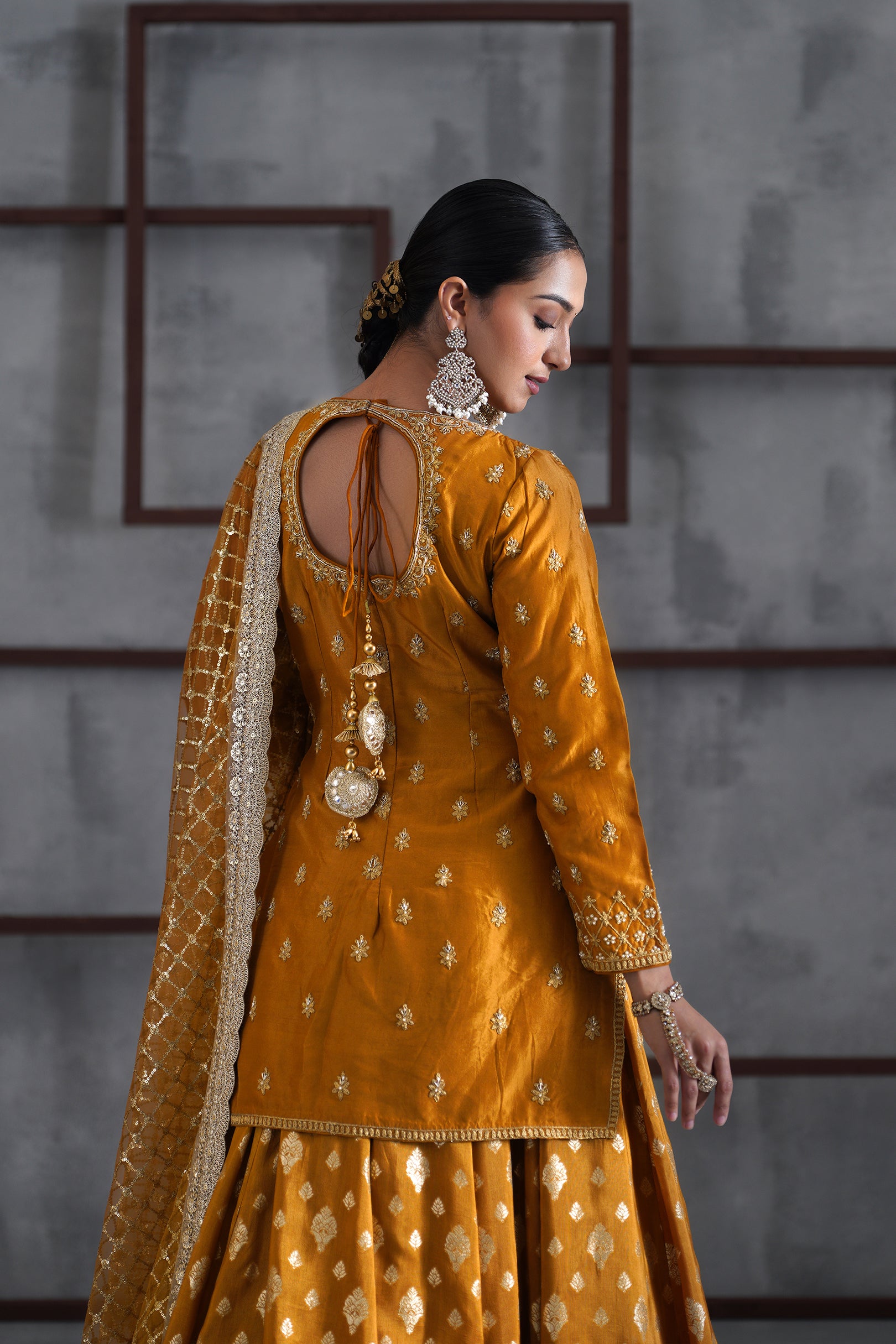 MUSTARD EMBROIDERED KURTI, BROCADE LEHENGA AND DUPATTA