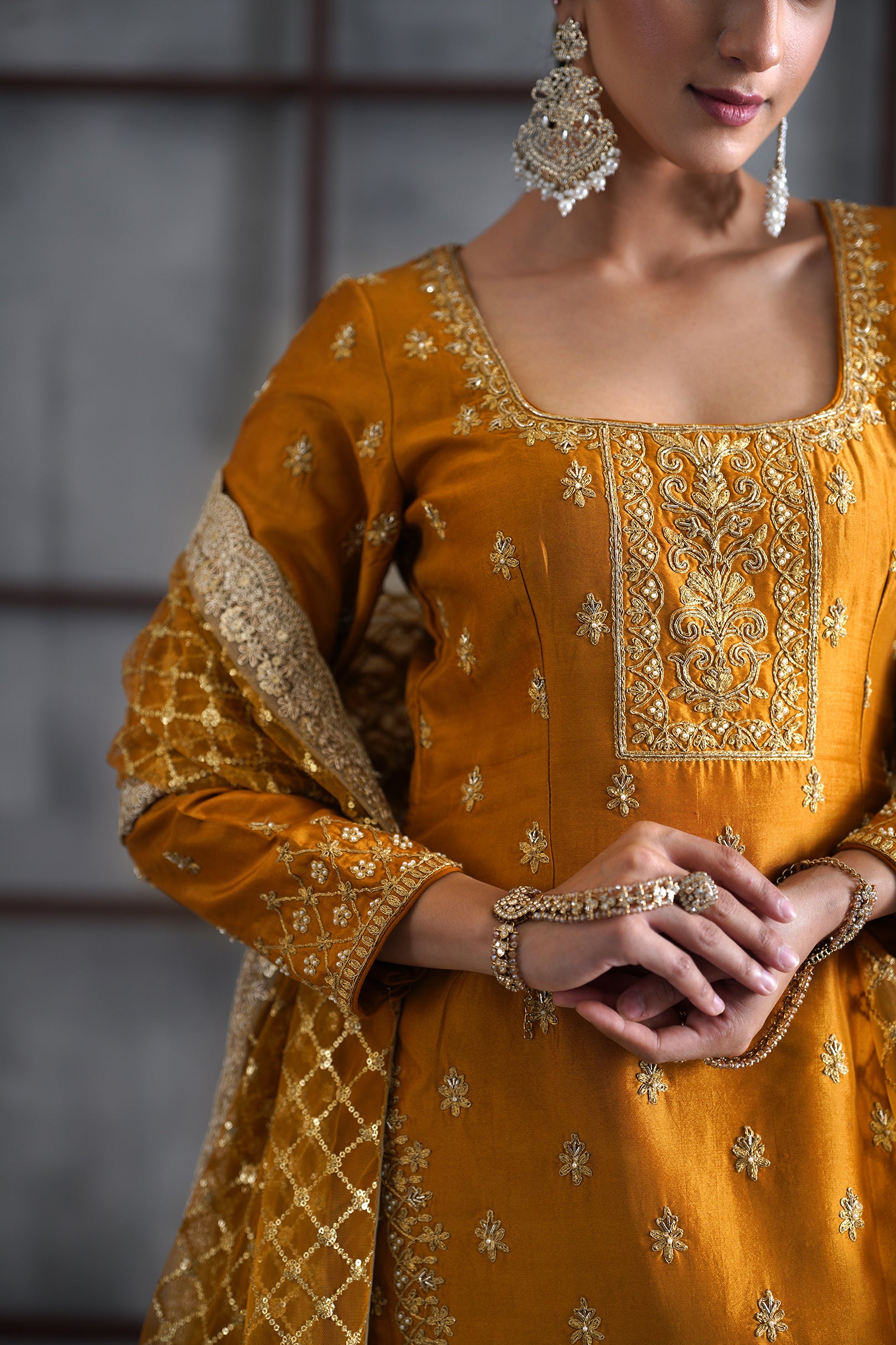 MUSTARD EMBROIDERED KURTI, BROCADE LEHENGA AND DUPATTA