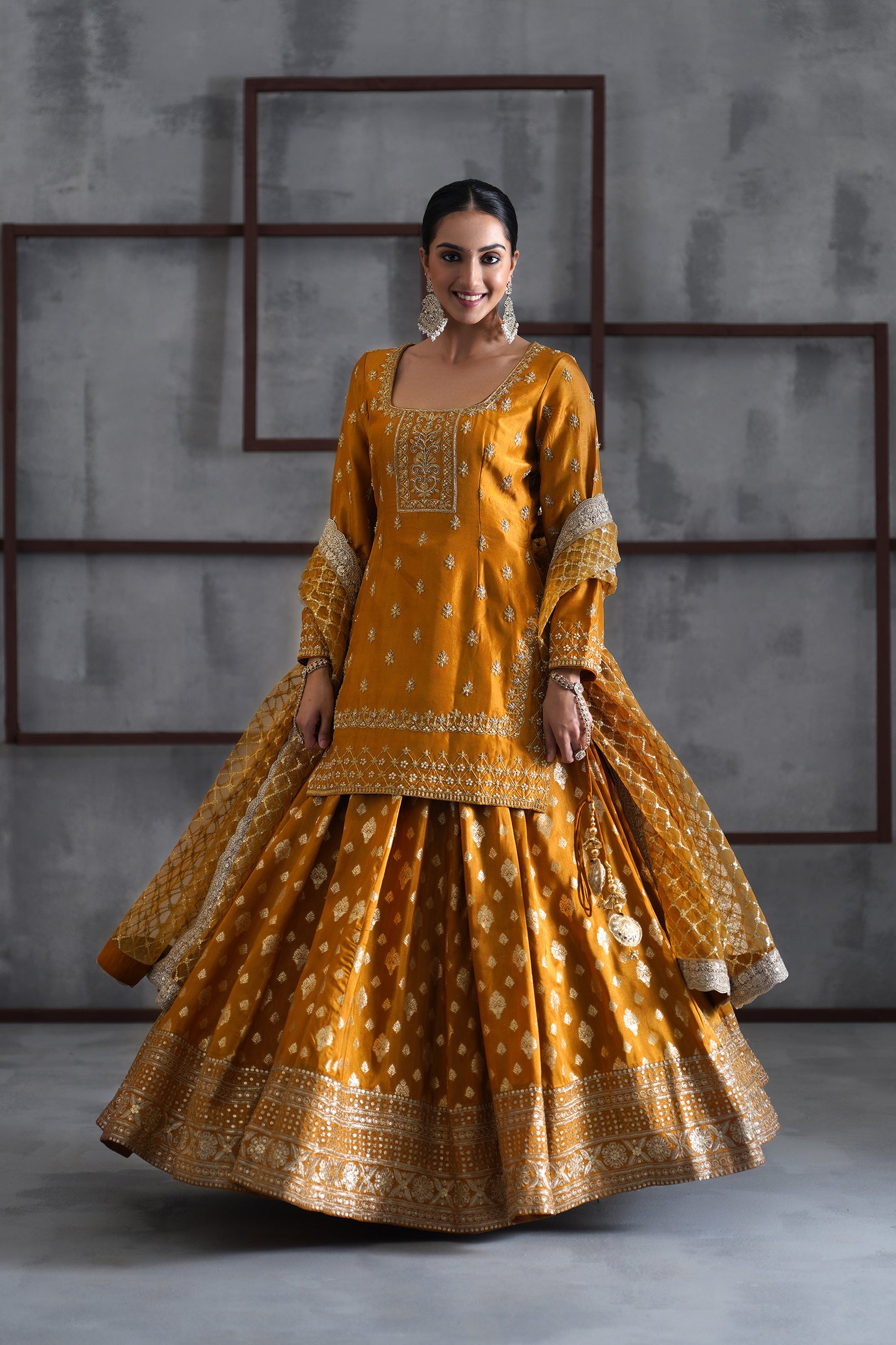 MUSTARD EMBROIDERED KURTI, BROCADE LEHENGA AND DUPATTA