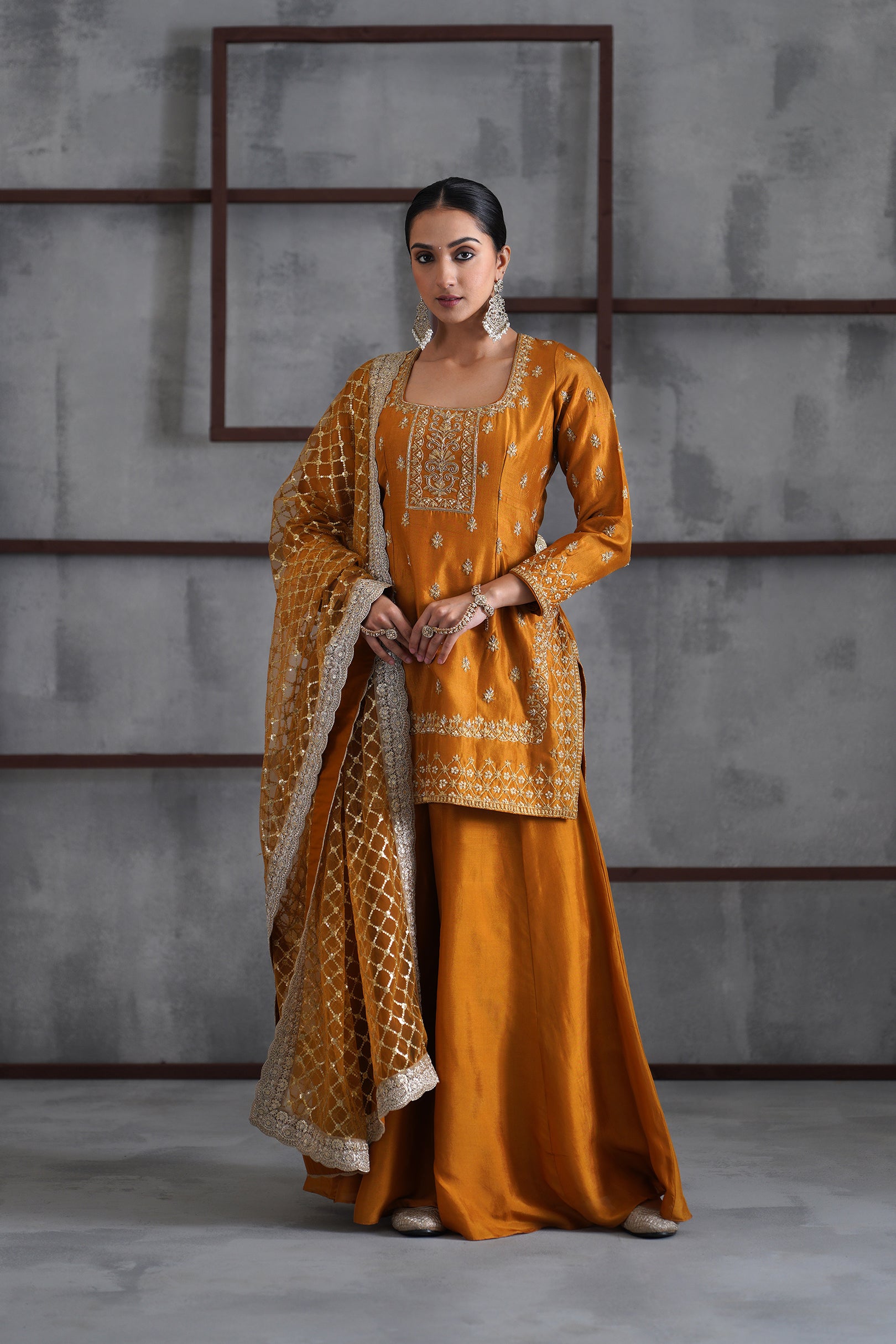 MUSTARD EMBROIDERED KURTI, SHARARA AND DUPATTA
