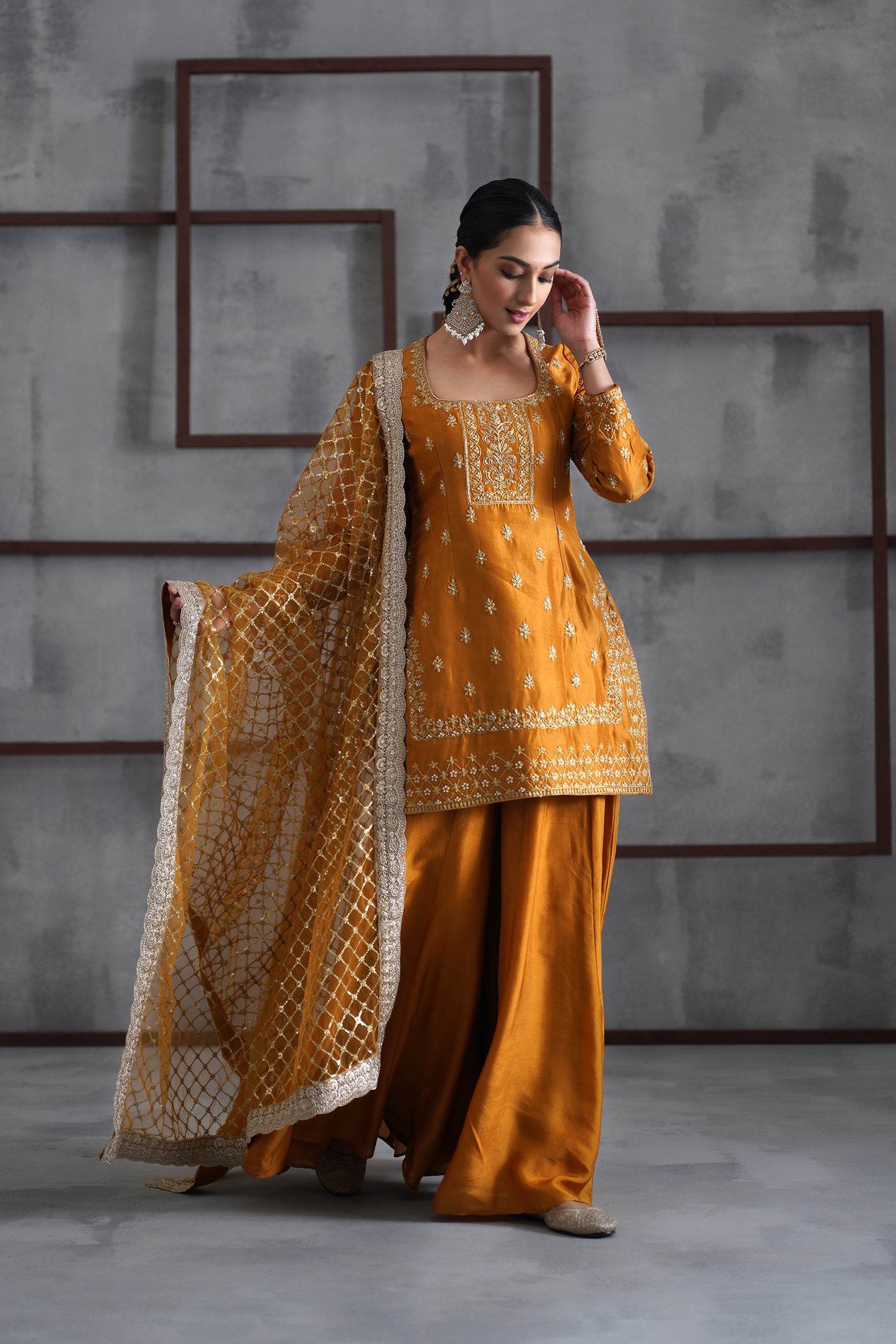 MUSTARD EMBROIDERED KURTI, SHARARA AND DUPATTA