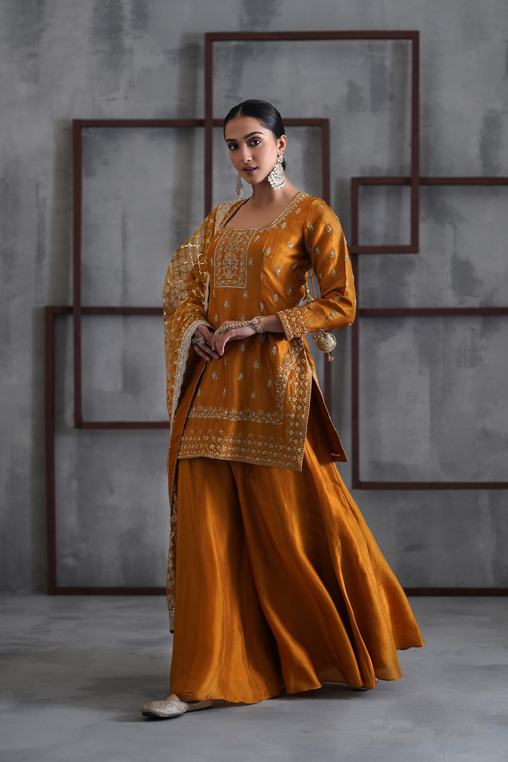 MUSTARD EMBROIDERED KURTI, SHARARA AND DUPATTA