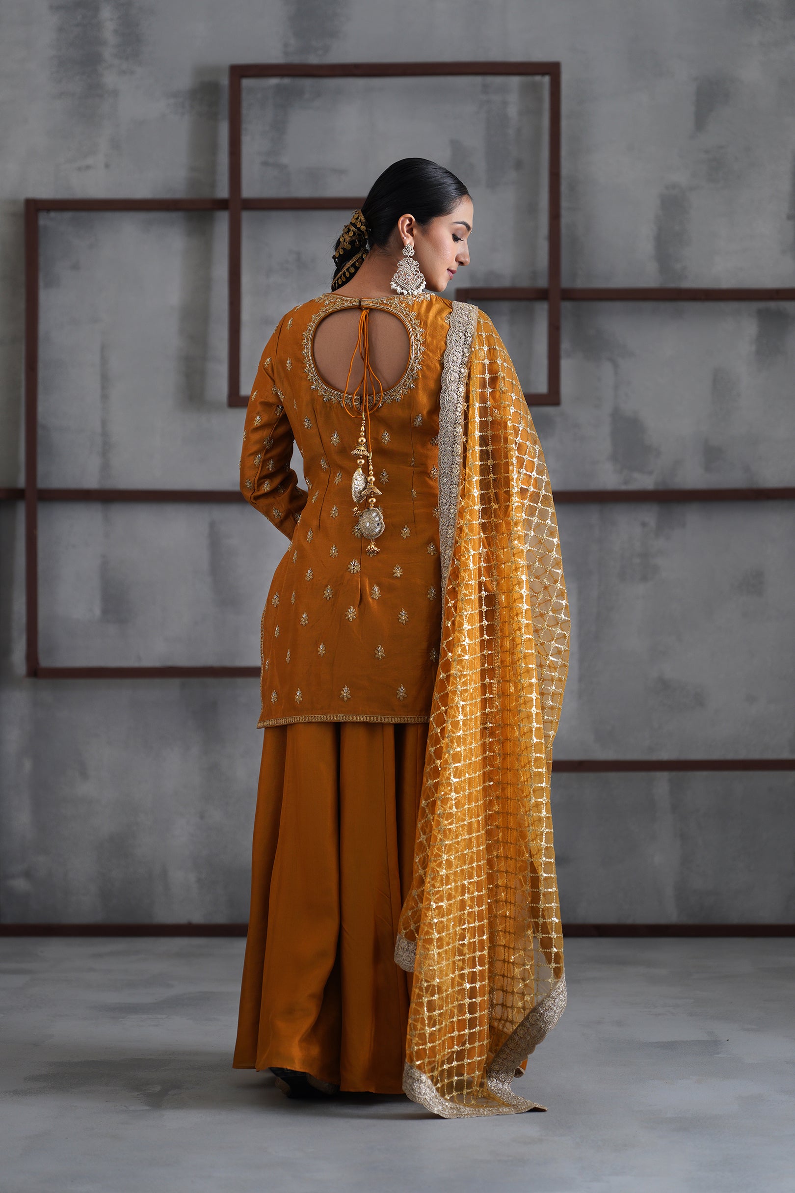 MUSTARD EMBROIDERED KURTI, SHARARA AND DUPATTA
