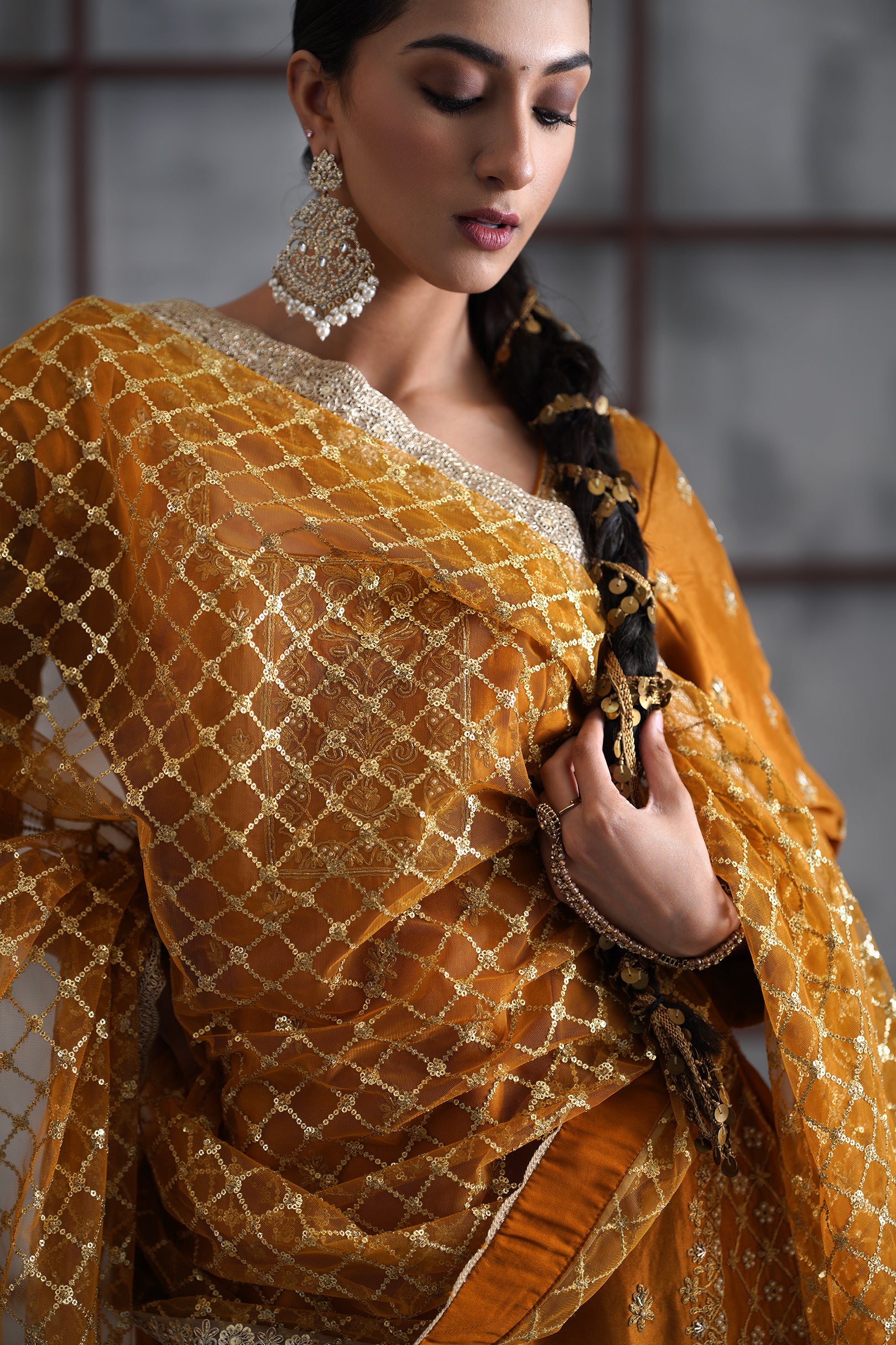 MUSTARD EMBROIDERED KURTI, SHARARA AND DUPATTA