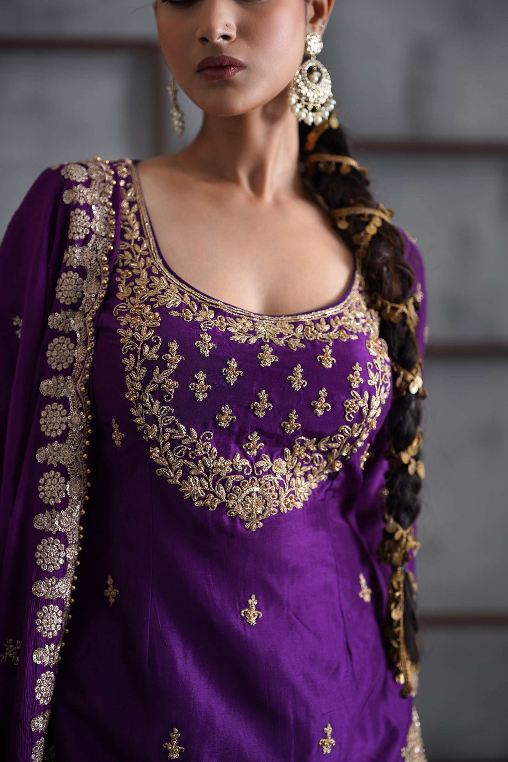 PURPLE EMBROIDERED KURTI, BANARSI LEHENGA AND DUPATTA