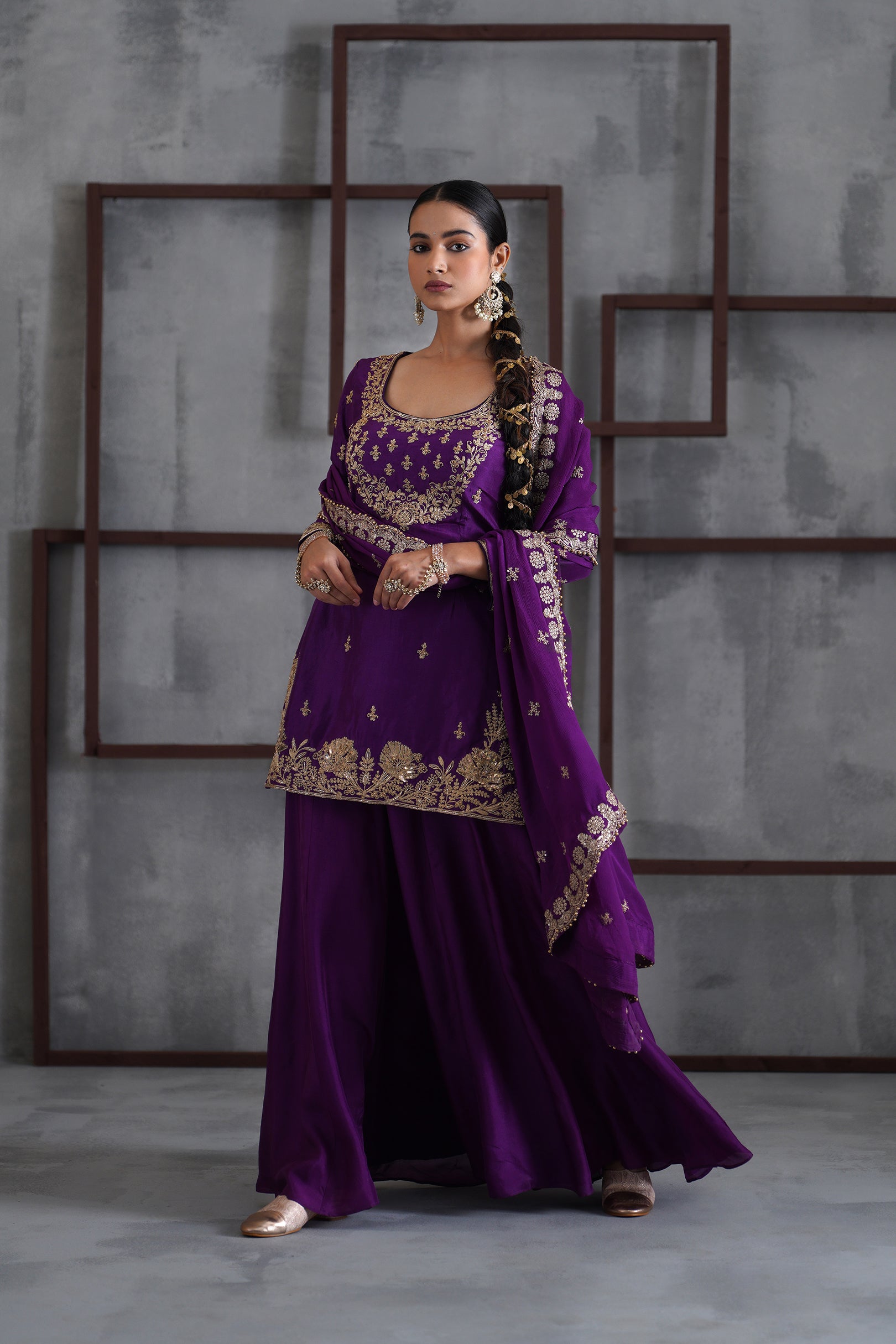 PURPLE EMBROIDERED KURTI, SHARARA AND DUPATTA