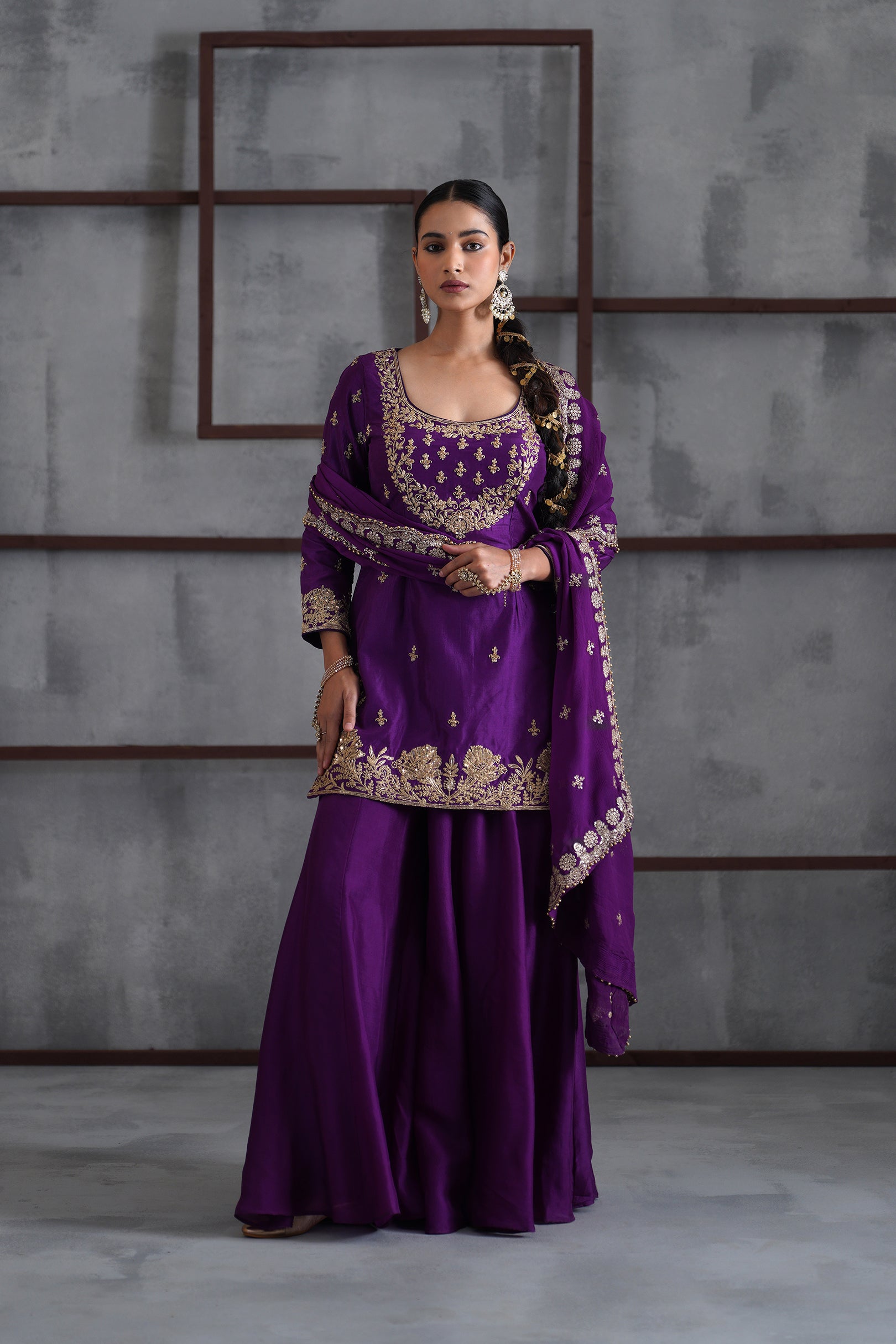 PURPLE EMBROIDERED KURTI, SHARARA AND DUPATTA