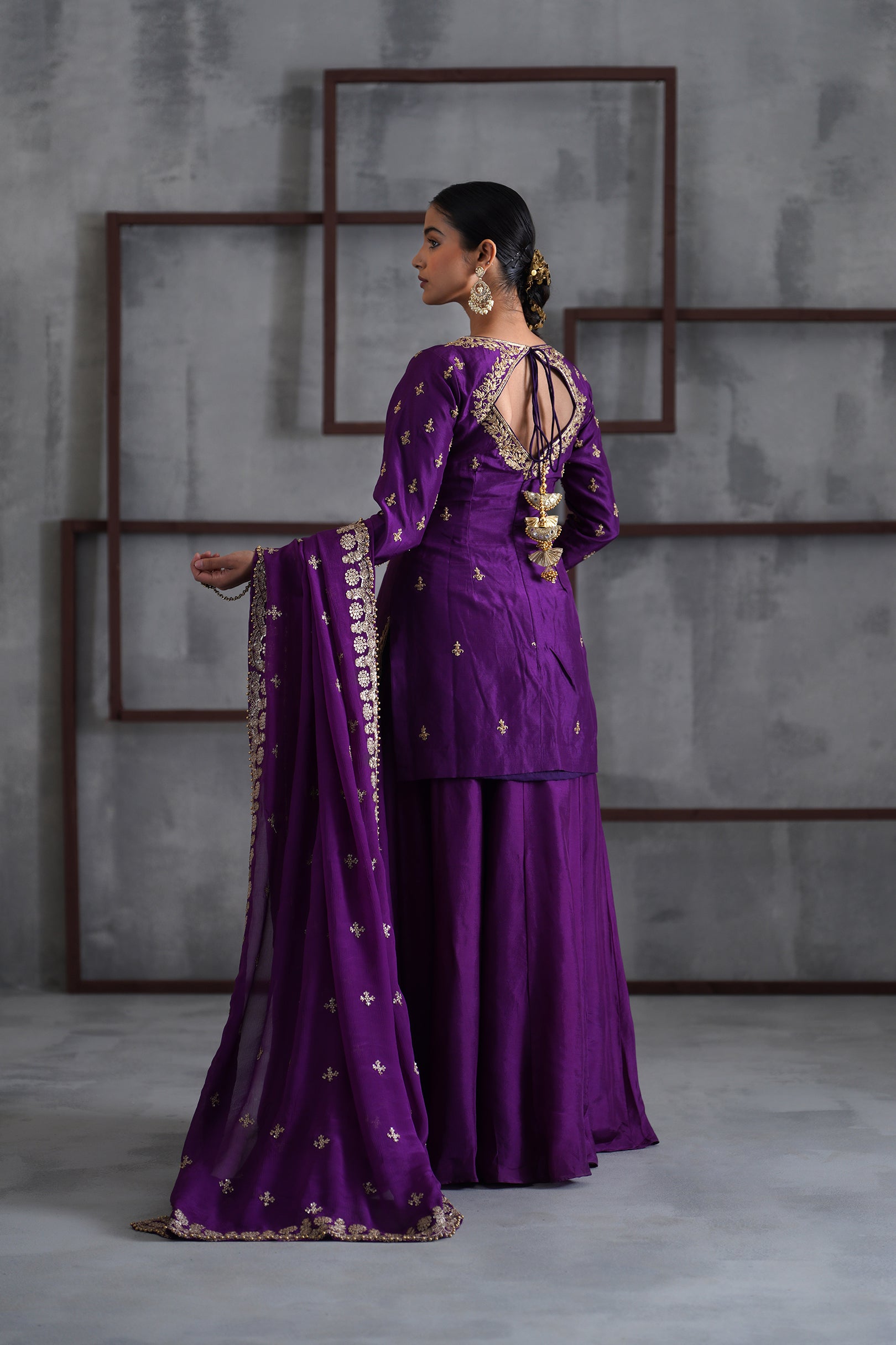 PURPLE EMBROIDERED KURTI, SHARARA AND DUPATTA