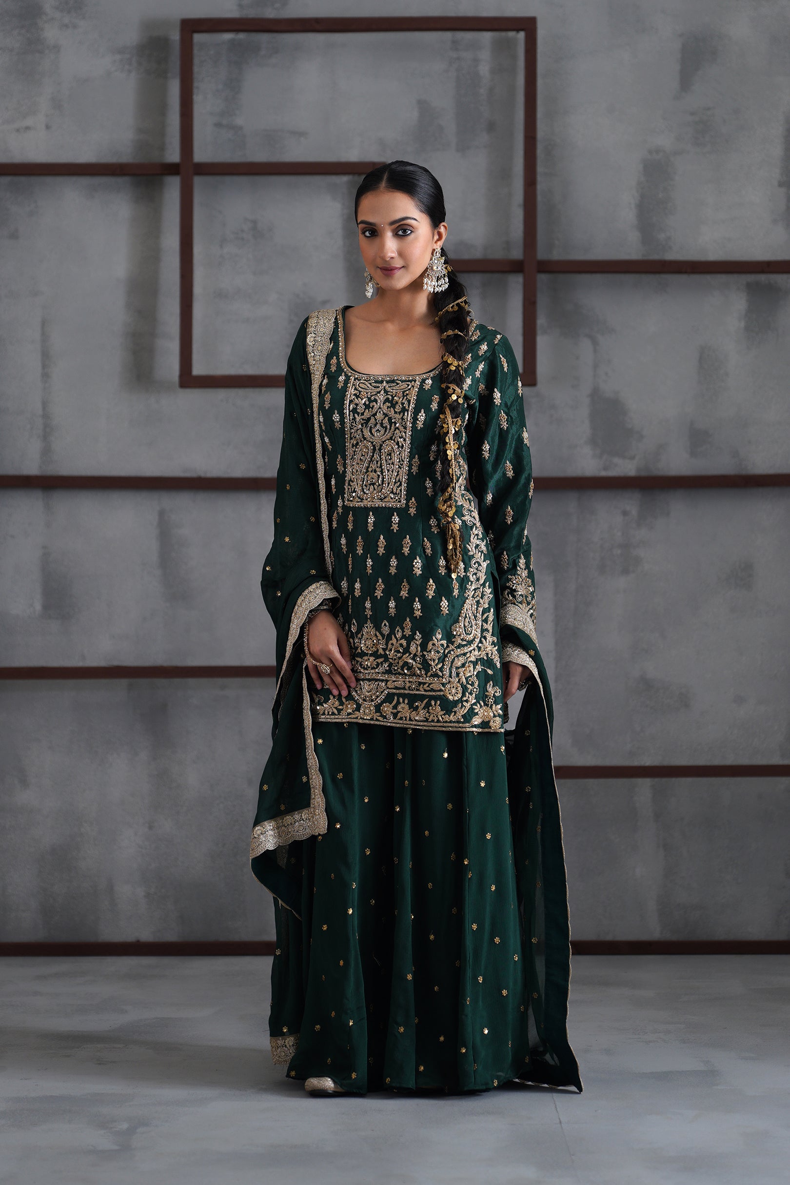 GREEN EMBROIDRED KURTI, BOOTI SHARARA AND DUPATTA