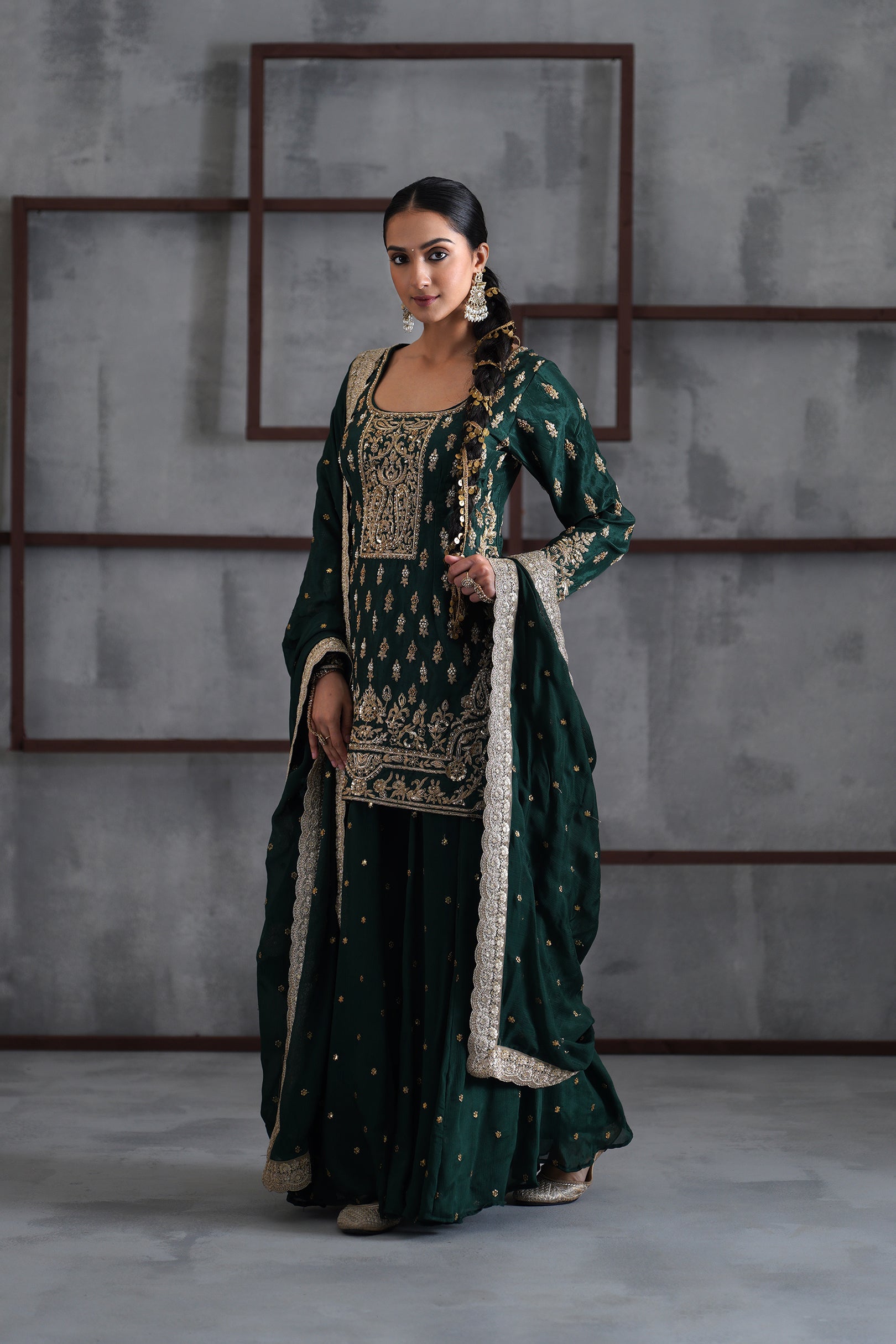 GREEN EMBROIDRED KURTI, BOOTI SHARARA AND DUPATTA