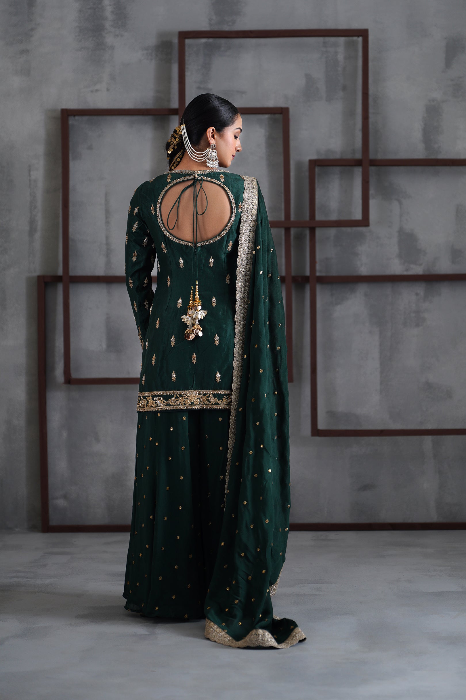 GREEN EMBROIDRED KURTI, BOOTI SHARARA AND DUPATTA