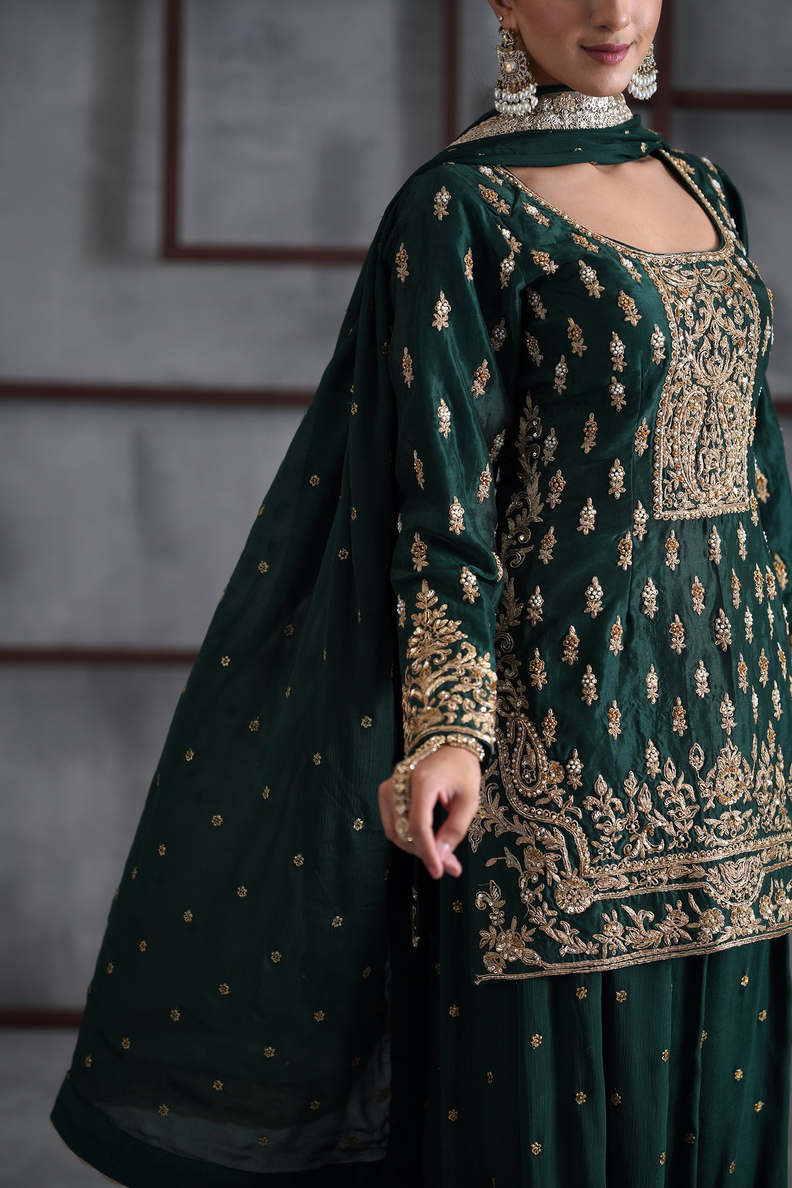 GREEN EMBROIDRED KURTI, BOOTI SHARARA AND DUPATTA