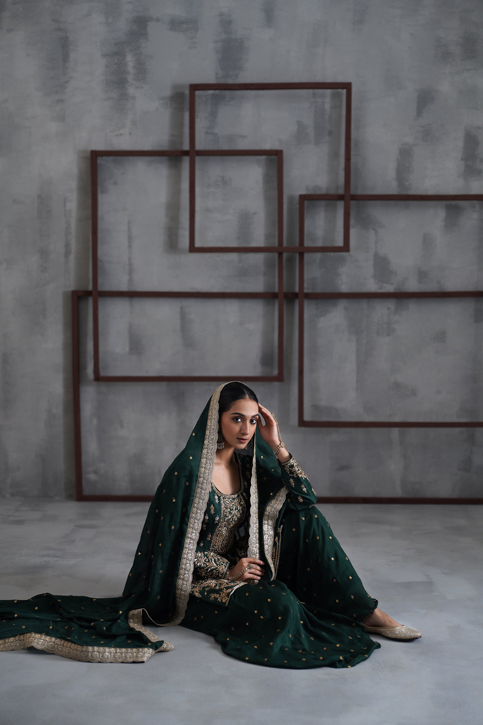 GREEN EMBROIDRED KURTI, BOOTI SHARARA AND DUPATTA
