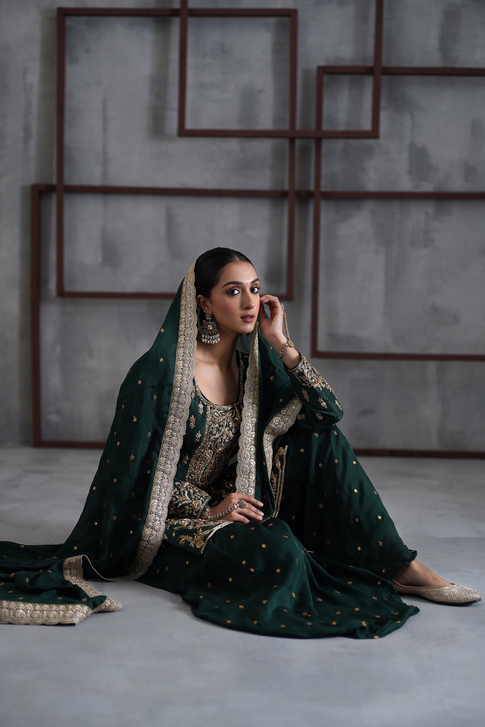 GREEN EMBROIDRED KURTI, BOOTI SHARARA AND DUPATTA