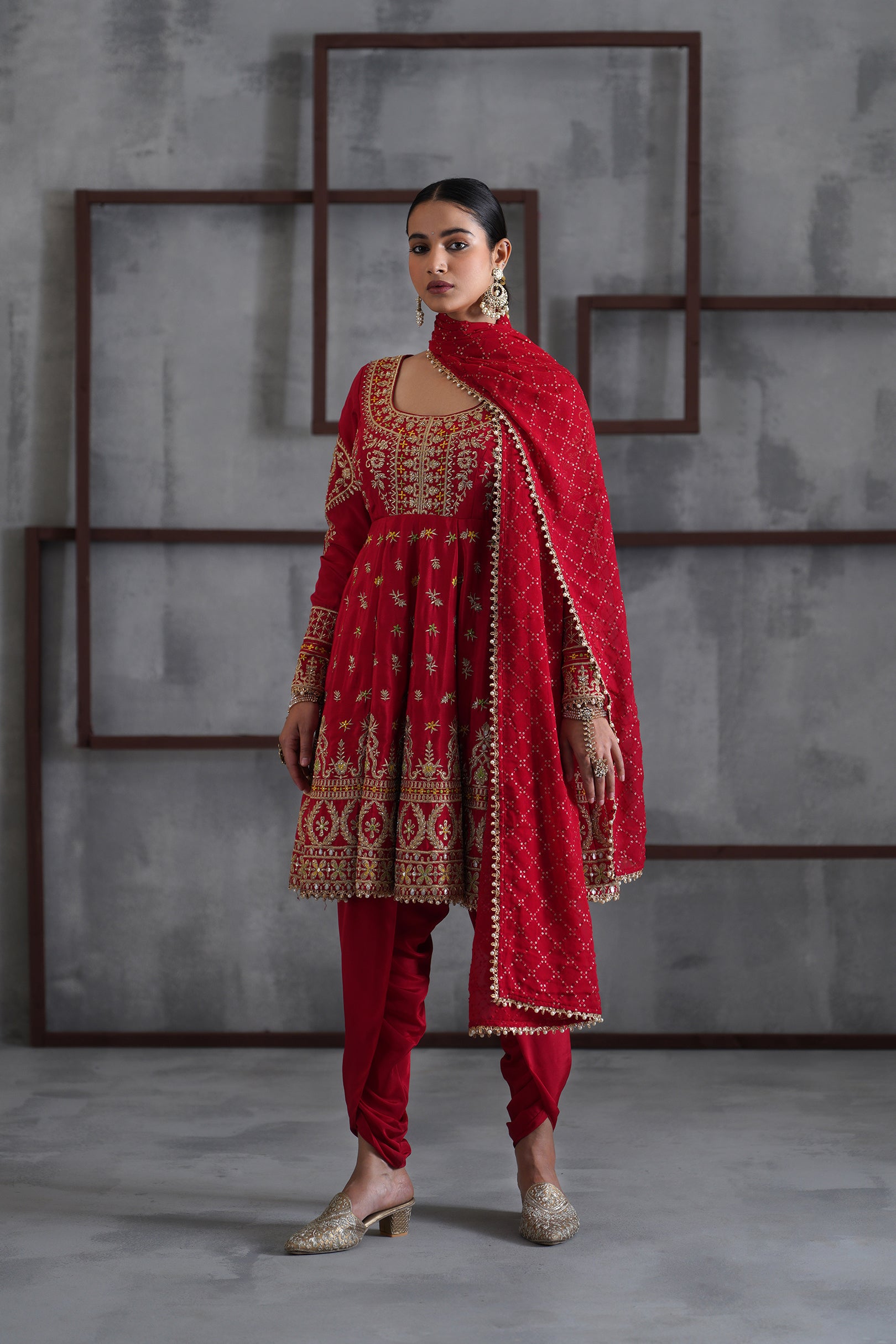 RED EMBROIDERED ANARKALI, TULIP PANTS, DUPATTA