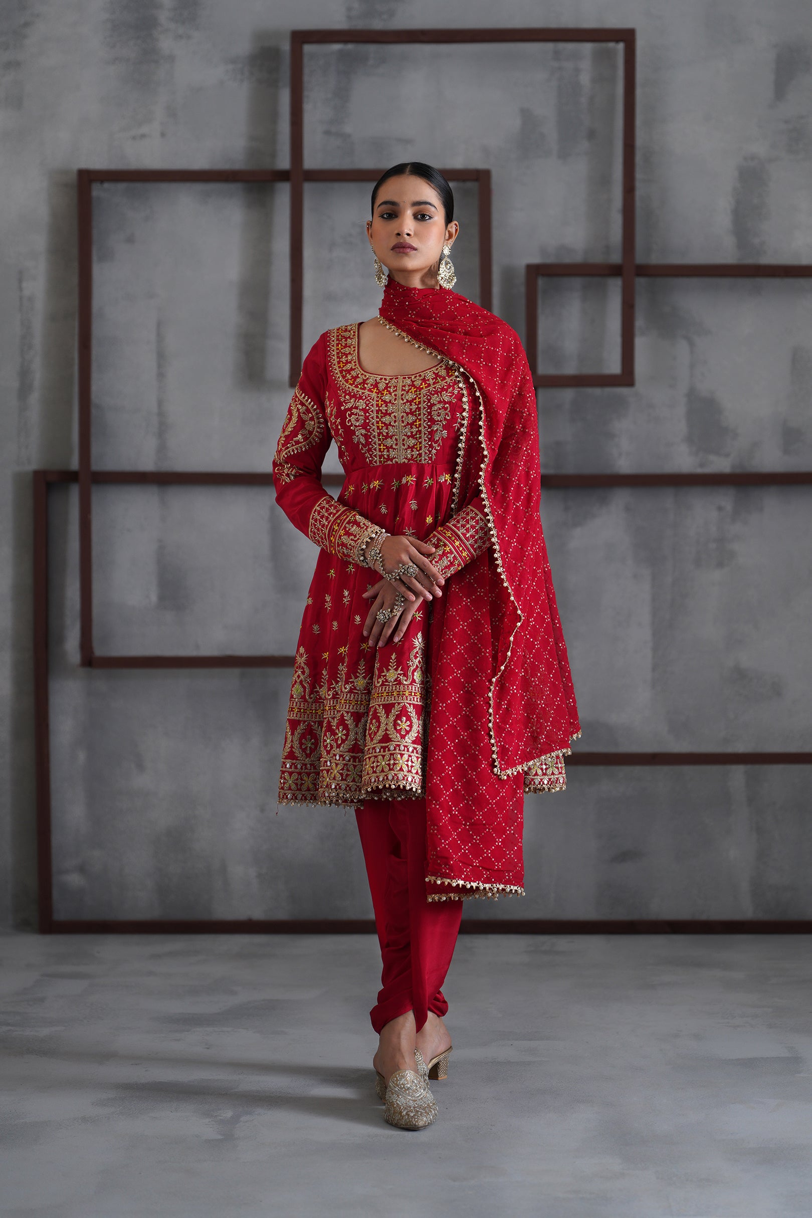 RED EMBROIDERED ANARKALI, TULIP PANTS, DUPATTA