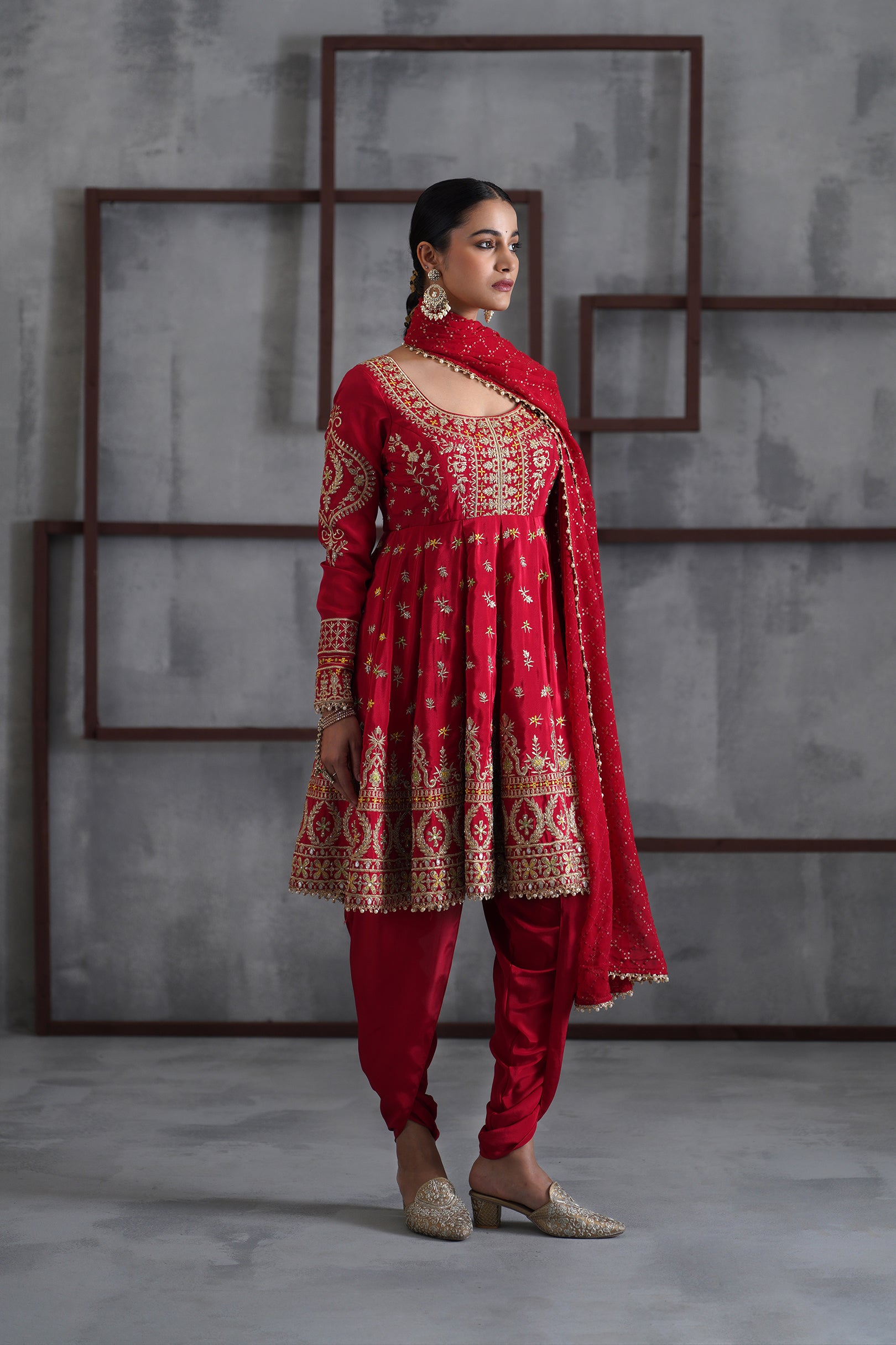 RED EMBROIDERED ANARKALI, TULIP PANTS, DUPATTA