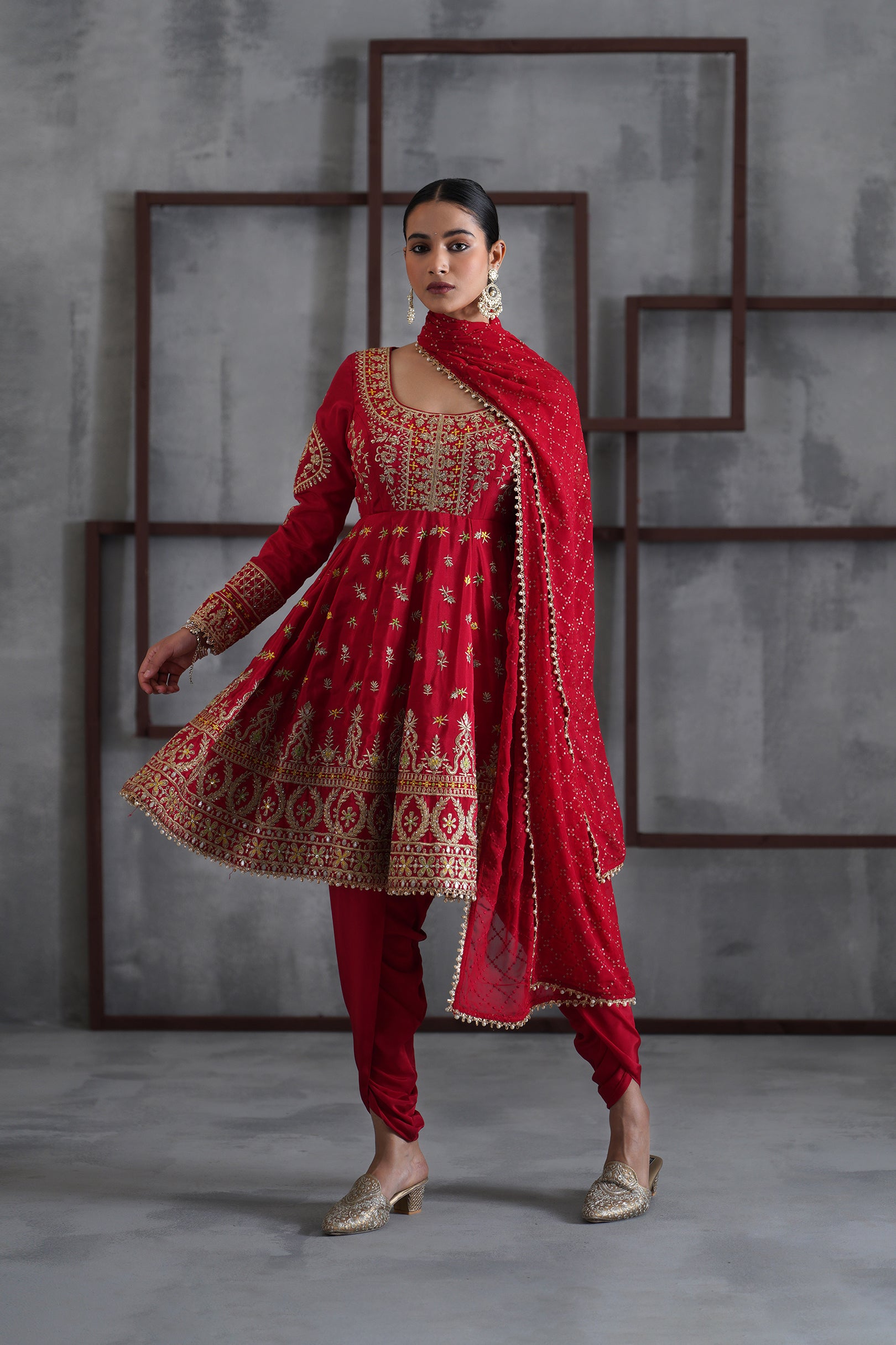 RED EMBROIDERED ANARKALI, TULIP PANTS, DUPATTA