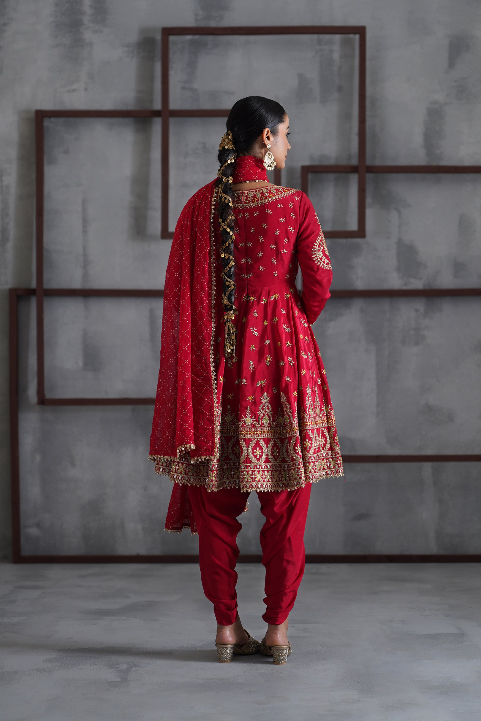 RED EMBROIDERED ANARKALI, TULIP PANTS, DUPATTA