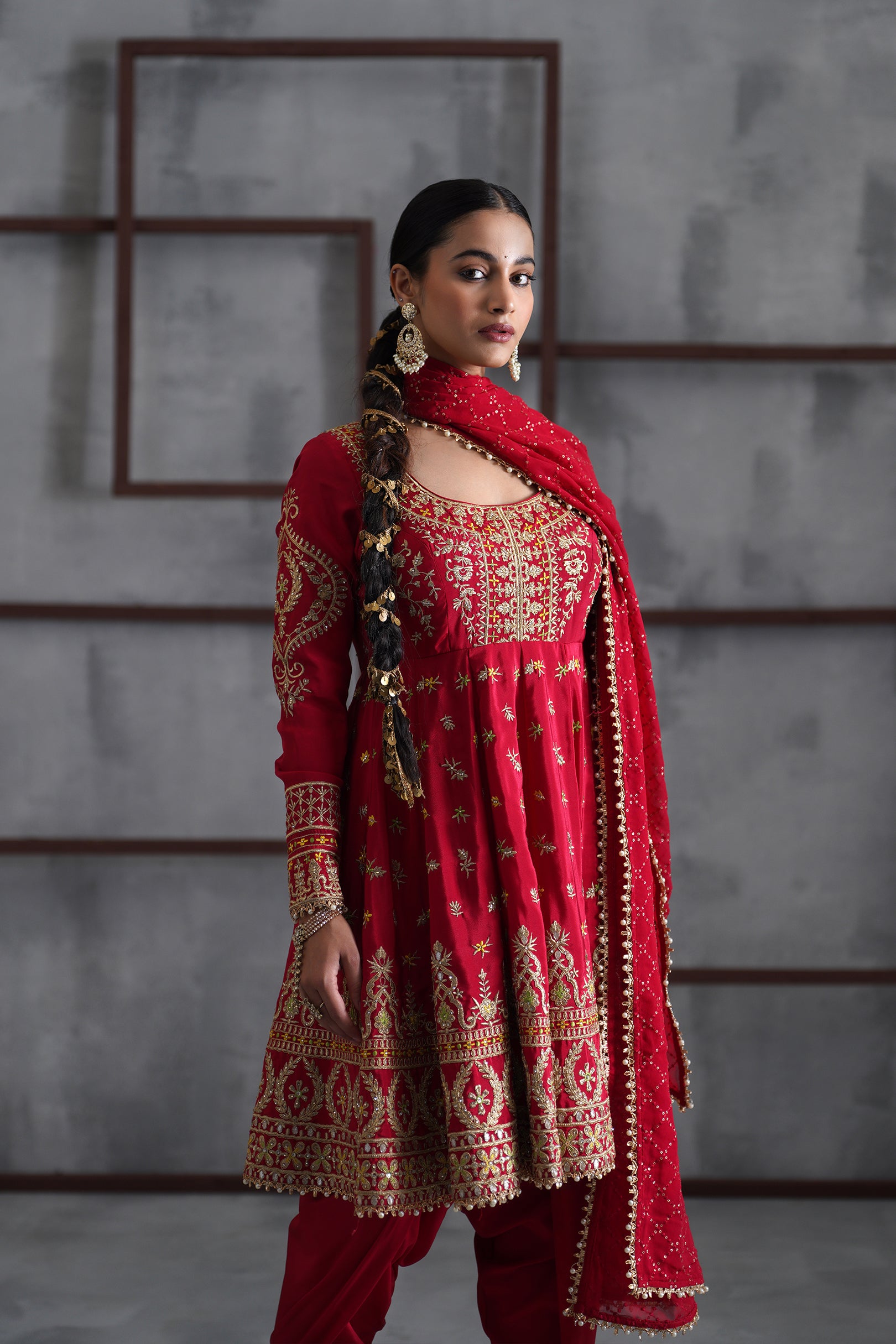 RED EMBROIDERED ANARKALI, TULIP PANTS, DUPATTA