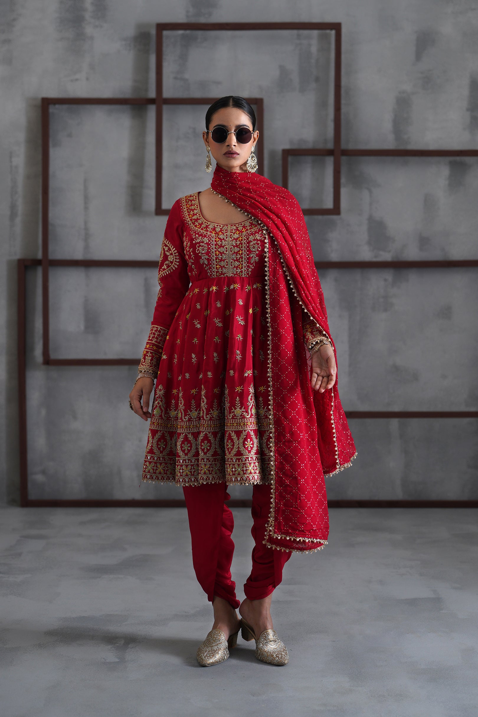 RED EMBROIDERED ANARKALI, TULIP PANTS, DUPATTA