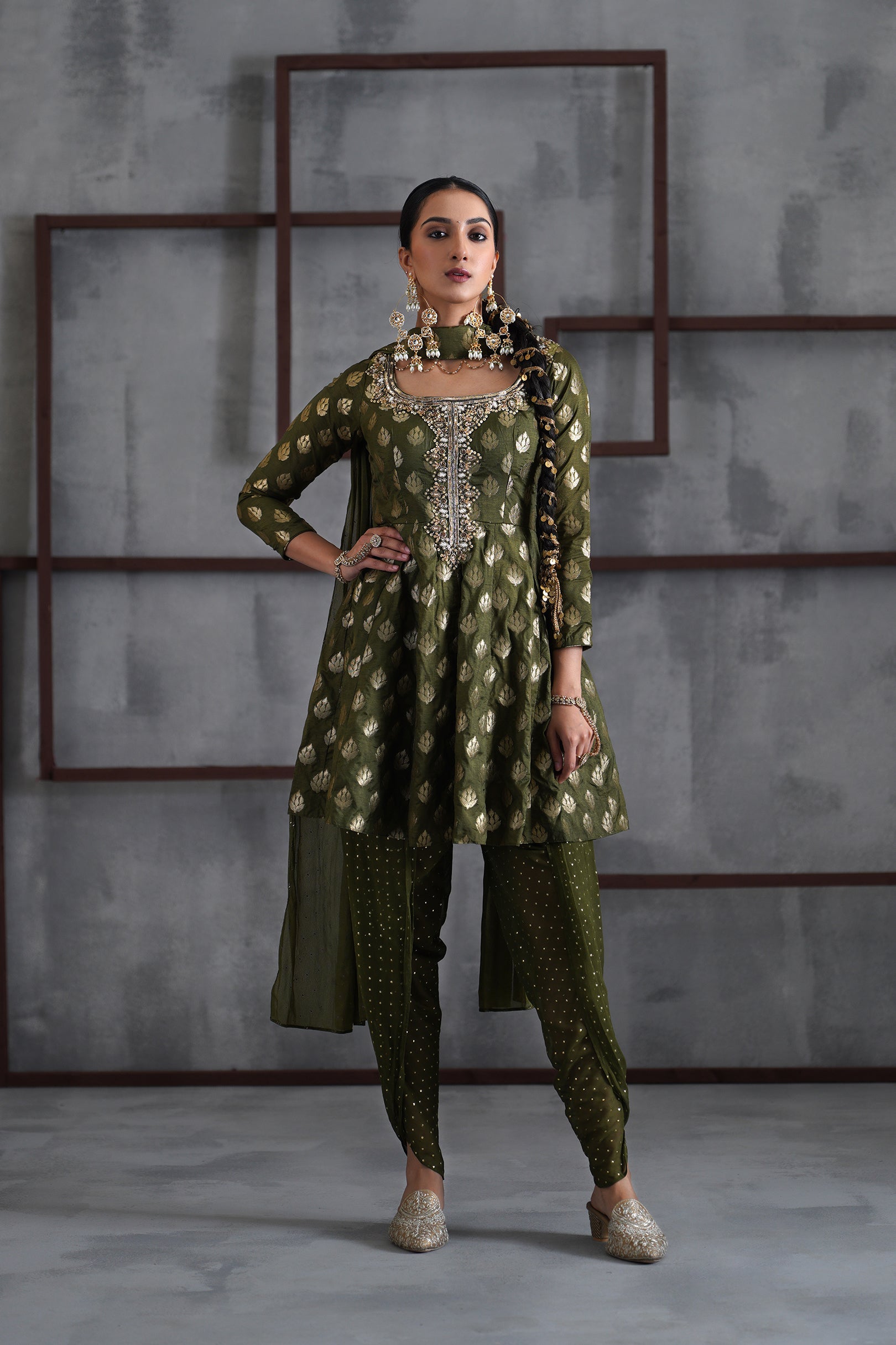 OLIVE GREEN PEPLUM, TULIP SALWAR, CHOKER DUPATTA