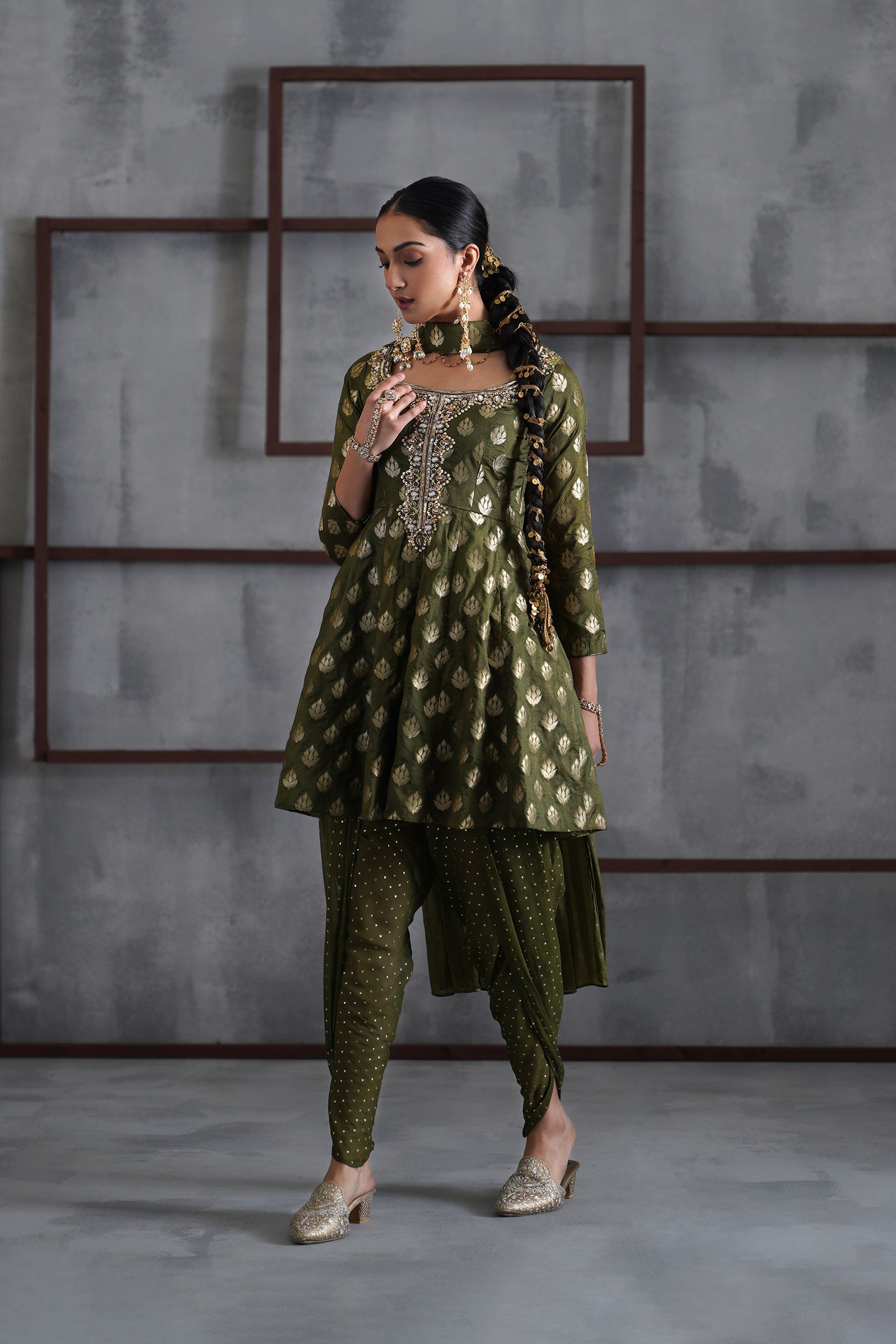 OLIVE GREEN PEPLUM, TULIP SALWAR, CHOKER DUPATTA