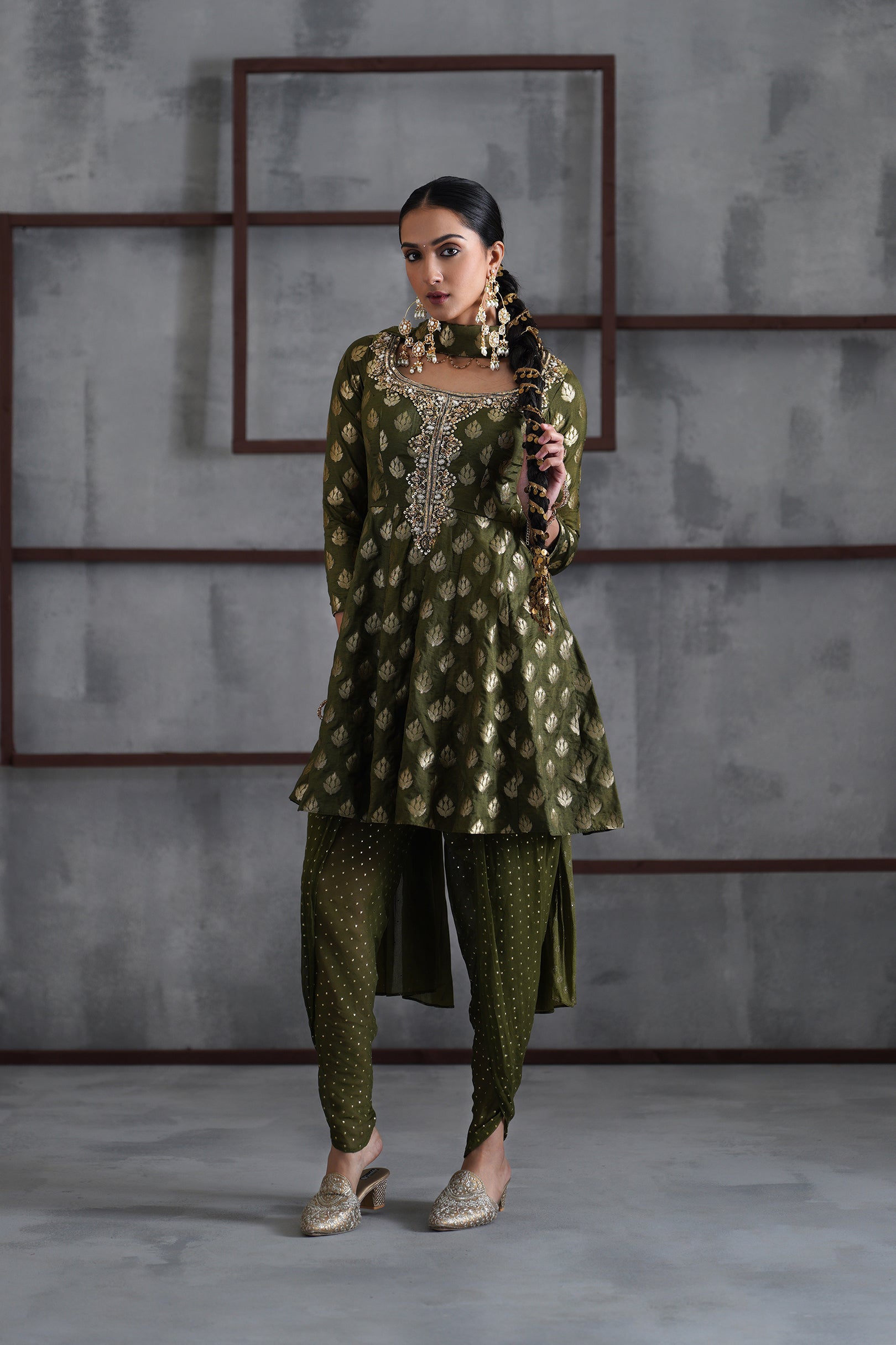 OLIVE GREEN PEPLUM, TULIP SALWAR, CHOKER DUPATTA