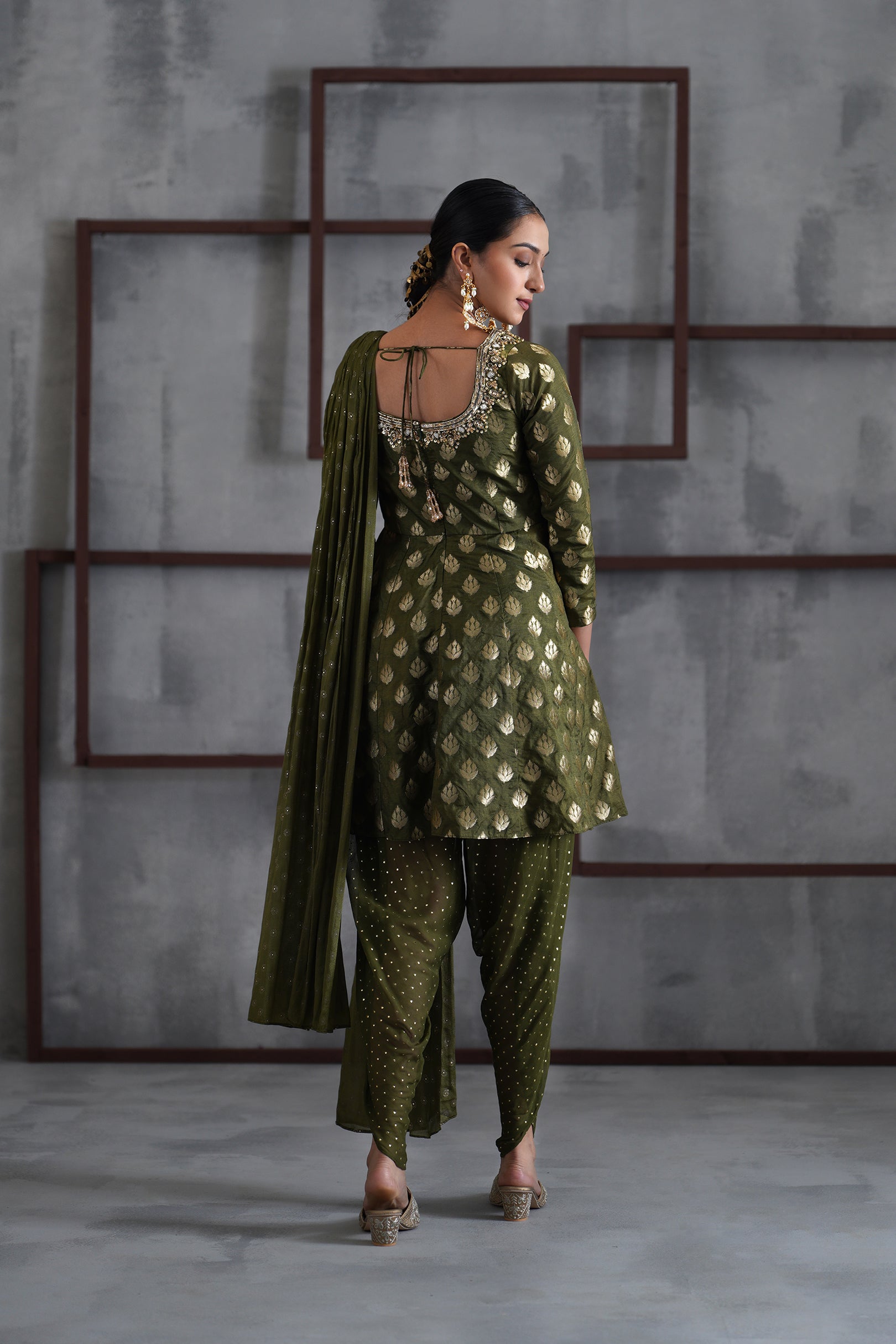 OLIVE GREEN PEPLUM, TULIP SALWAR, CHOKER DUPATTA